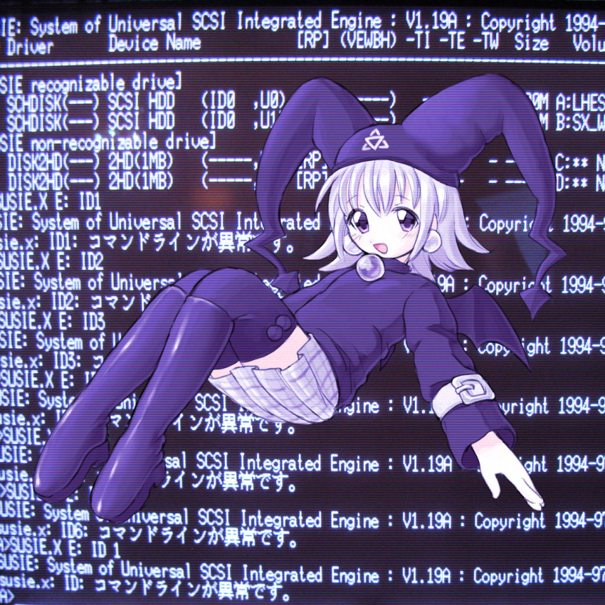 1girl bat_wings black_boots black_hat black_sweater black_thighhighs boots code floating grey_hair hat hexagram highres jester_cap knee_boots large_earrings long_sleeves looking_at_viewer mayura open_mouth plaid_clothes plaid_skirt pleated_skirt purple_eyes short_hair skirt sleeve_belt smile solo sweater thighhighs ukagaka waywardmoonn wings