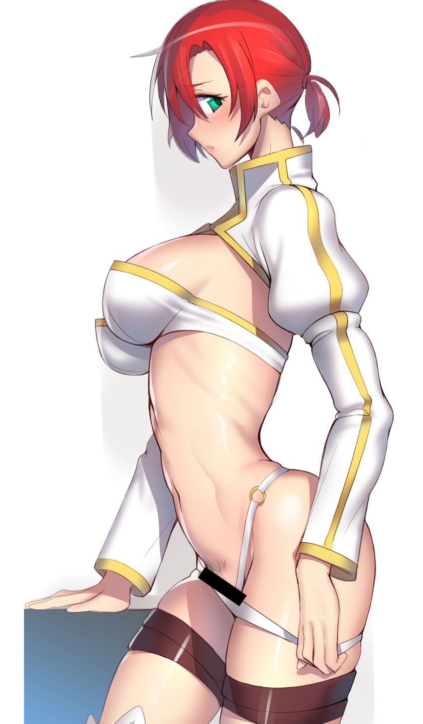 1girl arm_support ayakumo bar_censor bikini bikini_bottom_only blush boudica_(fate) breasts censored cowboy_shot fate/grand_order fate_(series) female_focus female_pubic_hair from_side green_eyes highleg highres long_sleeves looking_at_viewer medium_breasts narrow_waist navel open_mouth ponytail pubic_hair pussy red_hair short_hair shrug_(clothing) sideboob sidelocks solo strap_pull swimsuit teasing thigh_strap white_bikini