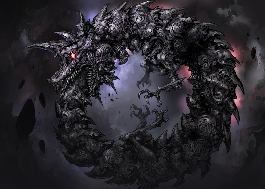 animal_focus carpet_crawler commentary english_commentary floating_rock glowing glowing_eye grey_theme highres inscryption no_humans official_art ouroboros ouroboros_(inscryption) red_eyes solo