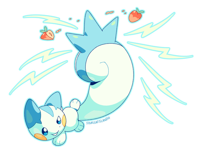 absurdres animal_focus artist_name berry blue_eyes clip_studio_paint_(medium) commentary dynamic_pose electricity english_commentary food fourleafisland fruit full_body gen_4_pokemon highres making-of_available nintendo no_humans pachirisu pokemon pokemon_(creature) simple_background solo squirrel strawberry teeth white_background