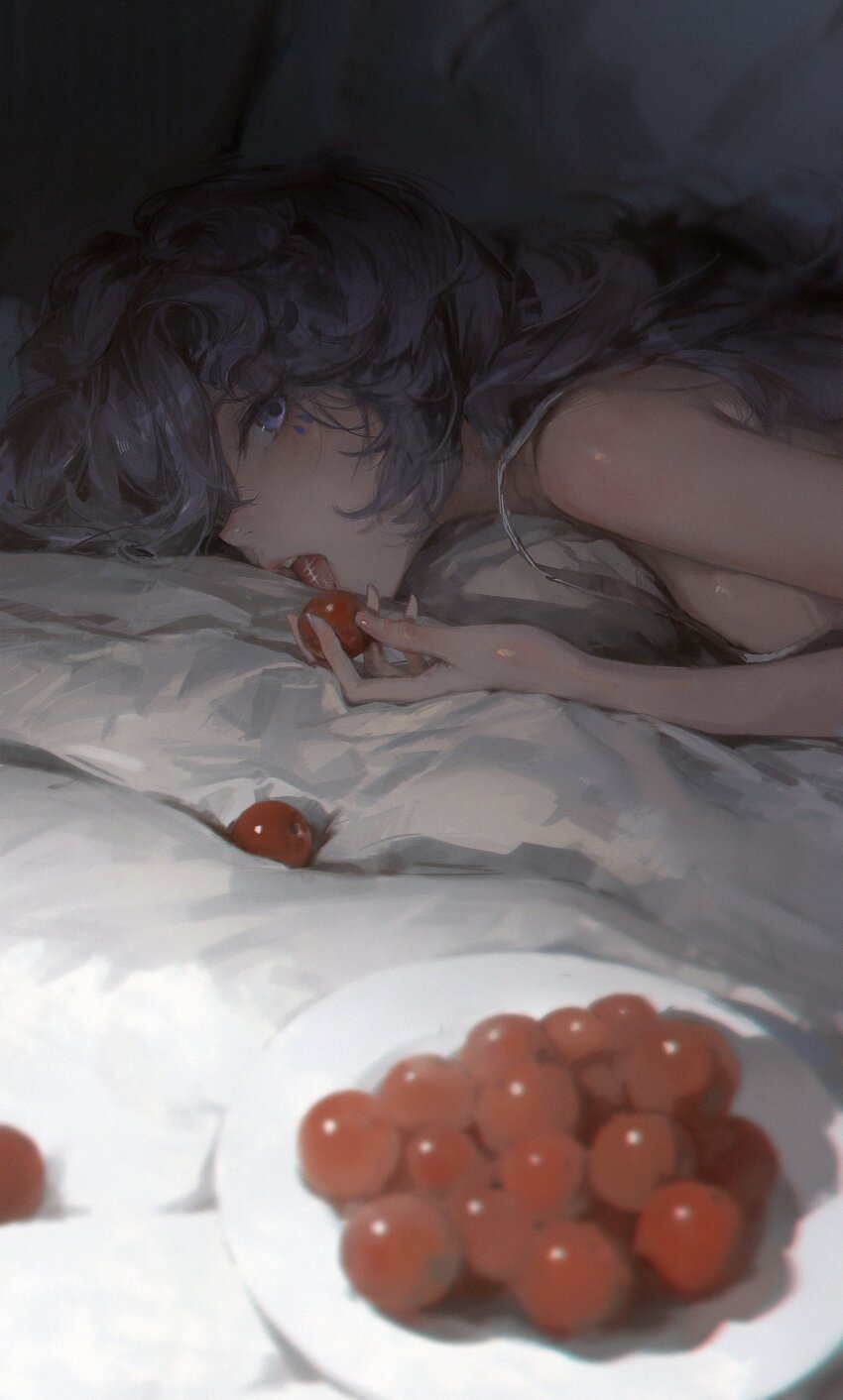 1girl absurdres bare_shoulders breasts cantarella_(wuthering_waves) cherry commentary dino_(dinoartforame) facial_mark fingernails food fruit highres holding holding_food holding_fruit indoors long_hair looking_at_viewer lying mark_under_eye medium_breasts on_bed on_stomach open_mouth purple_eyes purple_hair solo tacet_mark_(wuthering_waves) tongue tongue_out wuthering_waves