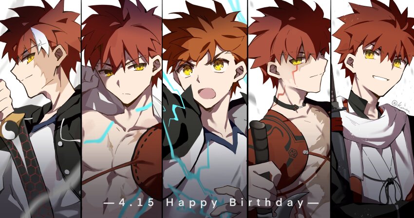 emiya_shirou emiya_shirou_(prisma_illya) fate/kaleid_liner_prisma_illya fate/stay_night fate_(series) highres holding holding_sword holding_weapon jacket kanshou_&amp;_bakuya_(fate) kikusang magic_circuit male_focus multiple_persona open_clothes open_jacket red_hair senji_muramasa_(fate) sword toned toned_male topless_male weapon yellow_eyes