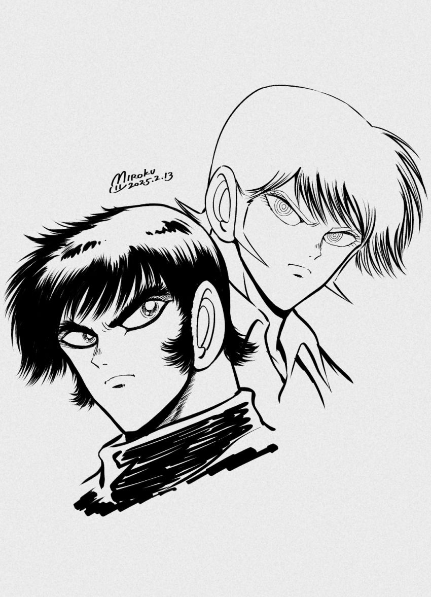 1990s_(style) 2boys asuka_ryou black_hair collared_shirt devilman eyelashes eyeshadow frown fudou_akira greyscale highres ishikawa_ken_(style) makeup male_focus miroku_(miroku_t) monochrome multiple_boys parody portrait retro_artstyle ringed_eyes shirt short_hair sideburns style_parody thick_eyebrows turtleneck v-shaped_eyebrows