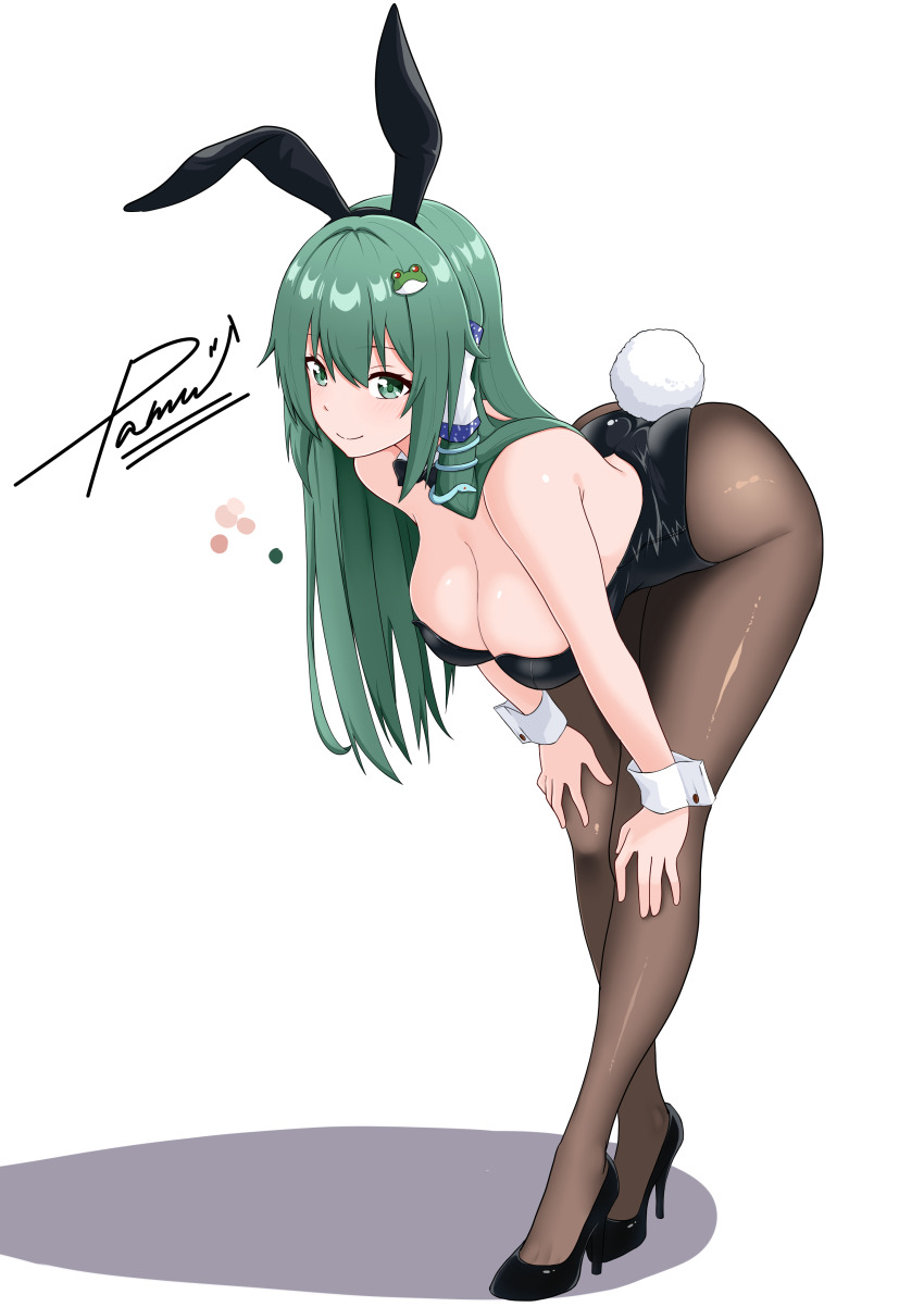 1girl absurdres animal_ear_hairband animal_ears ass bare_shoulders black_leotard black_pantyhose black_shoes blush bow bowtie breasts cleavage commentary_request covered_navel detached_collar detached_sleeves fake_animal_ears fake_tail fishnet_pantyhose fishnets full_body green_eyes green_hair hair_ornament hair_tubes hairband highleg highleg_leotard highres kochiya_sanae large_breasts leotard long_hair looking_at_viewer pamu_art pantyhose playboy_bunny rabbit_ear_hairband rabbit_ears rabbit_tail shadow shoes signature smile snake_hair_ornament solo strapless strapless_leotard tail touhou white_background white_wrist_cuffs wrist_cuffs