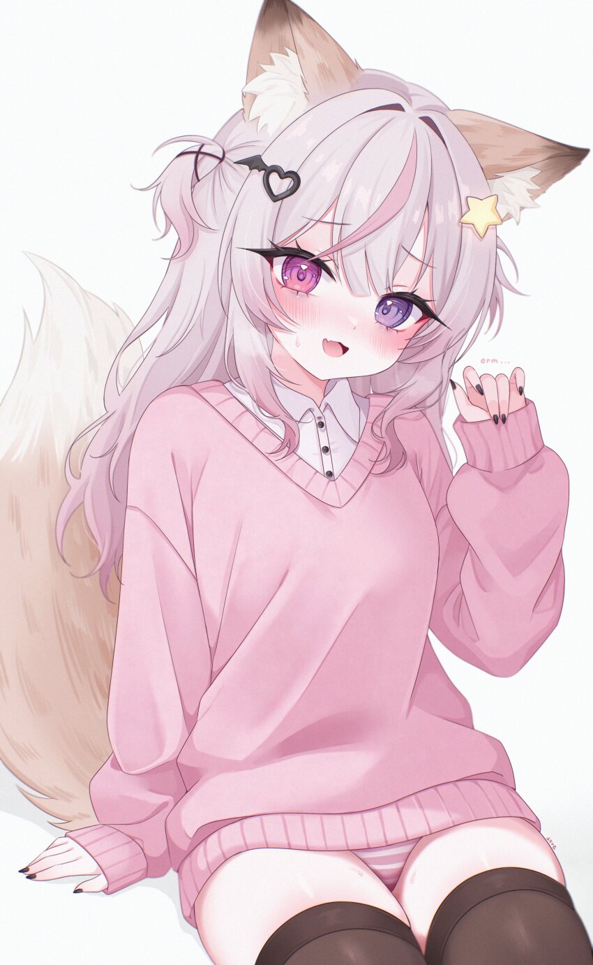 1girl absurdres animal_ear_fluff animal_ears annytf arm_support black_nails black_thighhighs blush brown_hair collared_shirt commentary dress_shirt english_commentary fang fingernails fox_ears fox_girl fox_tail hair_between_eyes hair_ornament hand_up heart heart_hair_ornament heterochromia highres indie_virtual_youtuber legs_together long_fingernails long_hair long_sleeves looking_at_viewer nail_polish no_pants open_mouth panties pink_eyes pink_hair pink_panties pink_sweater purple_eyes shirt simple_background sitting skin_fang sleeves_past_wrists small_sweatdrop smile solo star_(symbol) star_hair_ornament striped_clothes striped_panties sweater tail thighhighs two_side_up underwear virtual_youtuber white_background white_shirt zxcsque