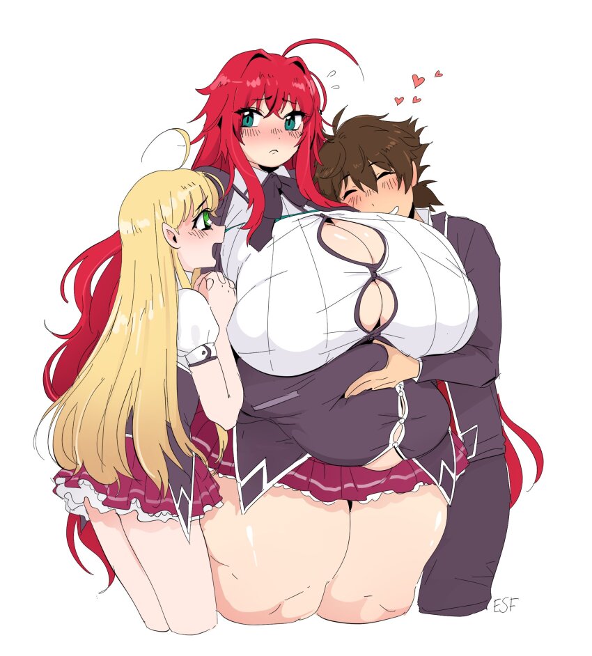 1boy 2girls ahoge alternate_body_size alternate_breast_size aqua_eyes asia_argento belly belly_grab blonde_hair breasts brown_hair bursting_breasts cleavage cowboy_shot cropped_legs dot_nose fat fat_woman gigantic_breasts green_eyes hair_between_eyes heart high_school_dxd highres hyoudou_issei jpeg_artifacts long_hair multiple_girls open_mouth red_hair red_skirt rias_gremory riu_incognito short_sleeves sidelocks simple_background skirt thick_thighs thighs white_background