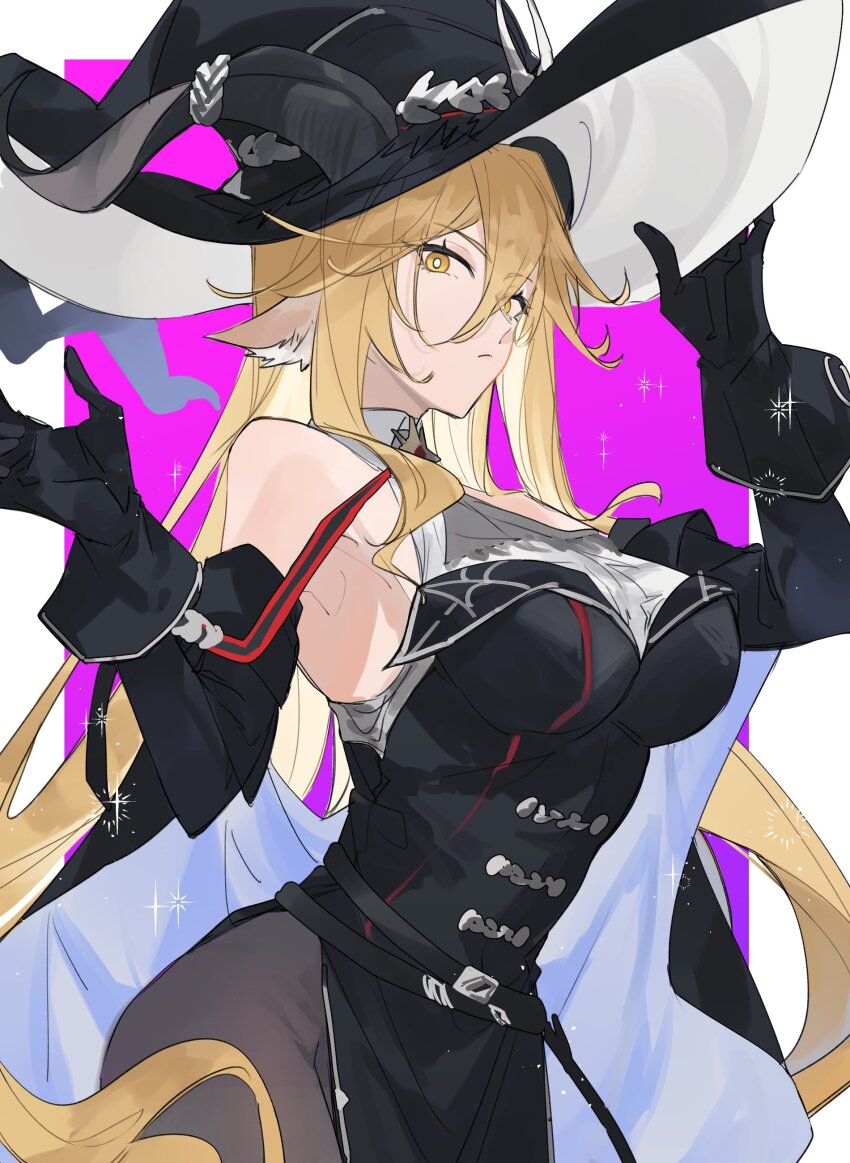 1girl absurdres animal_ears arknights bare_shoulders black_dress black_gloves black_hat black_pantyhose blonde_hair breasts bright_pupils closed_mouth commentary cowboy_shot curly_hair degenbrecher_(arknights) degenbrecher_(the_shadow_of_the_dark_moon)_(arknights) dress expressionless gloves grey_hat groin hair_between_eyes hat highres horns horns_through_headwear long_bangs long_hair looking_at_viewer medium_breasts official_alternate_costume pantyhose side_slit solo sparkle standing strap two-sided_fabric two-sided_headwear white_pupils witch_hat yakota_(usuk-yako) yellow_eyes
