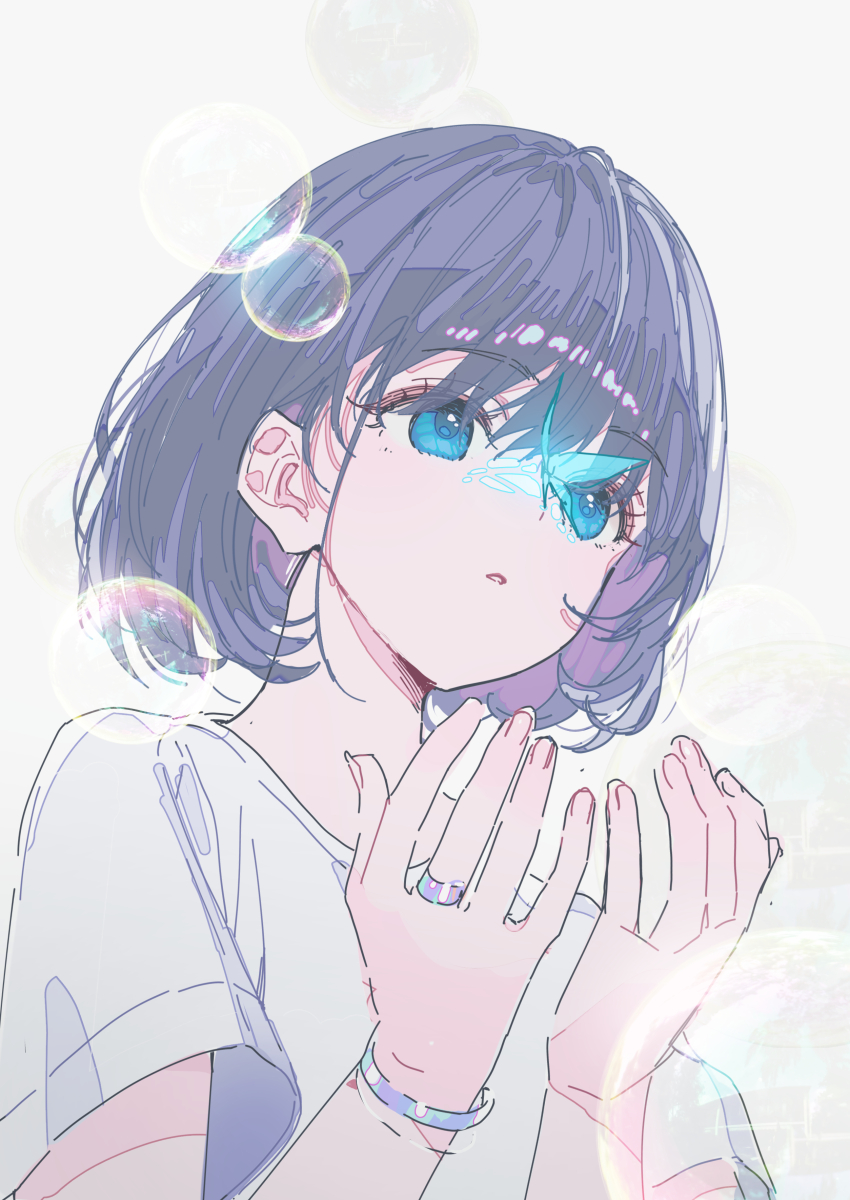 a20_(atsumaru) absurdres blue_eyes bubble bug butterfly highres insect jewelry ring shirt white_background white_shirt