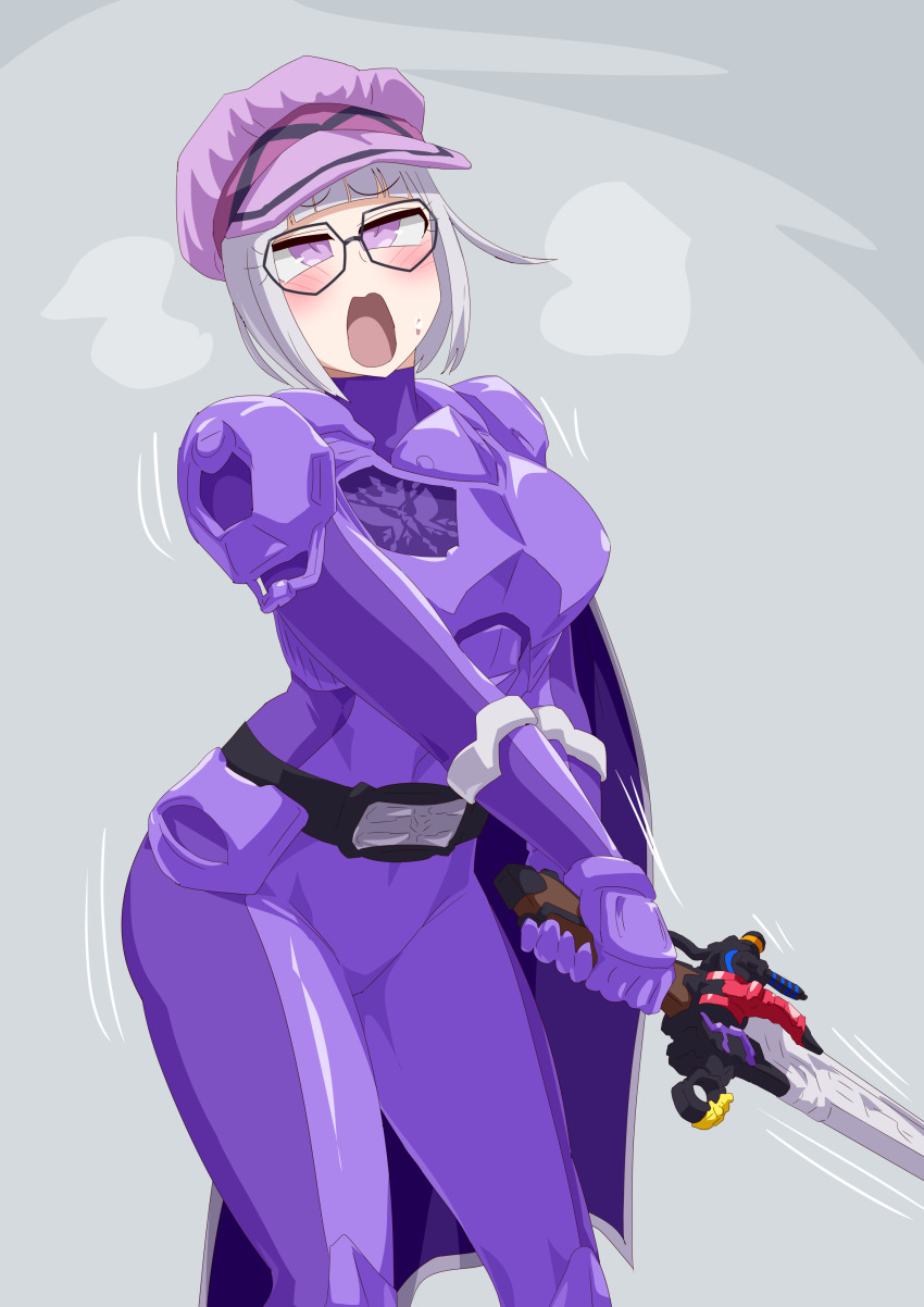 1girl absurdres armor armored_bodysuit blush bodysuit glasses grey_background hat highres holding holding_sword holding_weapon morfonia ohsama_sentai_king-ohger open_mouth otokamu pink_hat purple_eyes purple_hair solo standing super_sentai sword trembling weapon white_hair