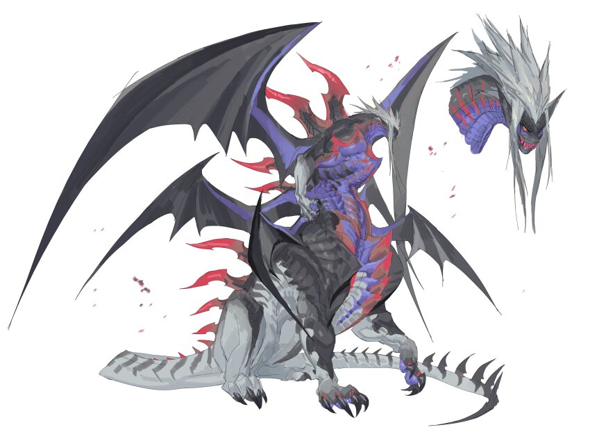 1other absurdres animal_hands black_scales black_skin black_wings centauroid claws clenched_teeth colored_skin colored_teeth dragon_tail dragon_wings full_body grey_hair grey_scales highres leviair long_pointy_ears looking_at_viewer looking_to_the_side monster multiple_views multiple_wings no_humans orange_eyes original pointy_ears purple_scales purple_skin red_eyes red_teeth scales sharp_teeth sidelocks simple_background sitting spines tail taur teeth white_background wings