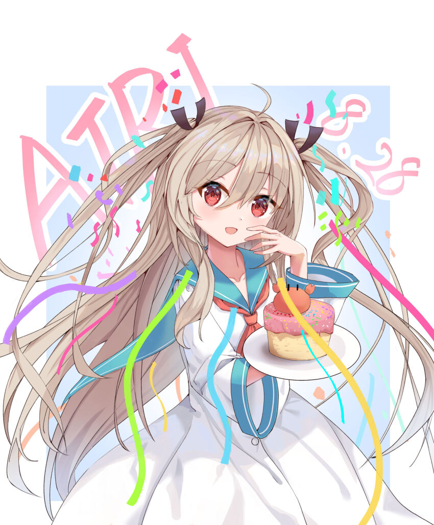 1girl :d absurdres ahoge ascot atri atri-my_dear_moments- birthday black_bow blue_background blue_sailor_collar blush bow brown_hair cake character_name commentary confetti cowboy_shot crab dated dress eyes_visible_through_hair floating_hair food hair_between_eyes hair_bow hair_intakes hands_up happy happy_birthday highres holding holding_plate long_hair long_sleeves looking_at_viewer open_mouth plate pokemongundam red_ascot red_eyes sailor_collar sailor_dress sidelocks simple_background smile solo two-tone_background two_side_up very_long_hair white_background white_dress wide_sleeves