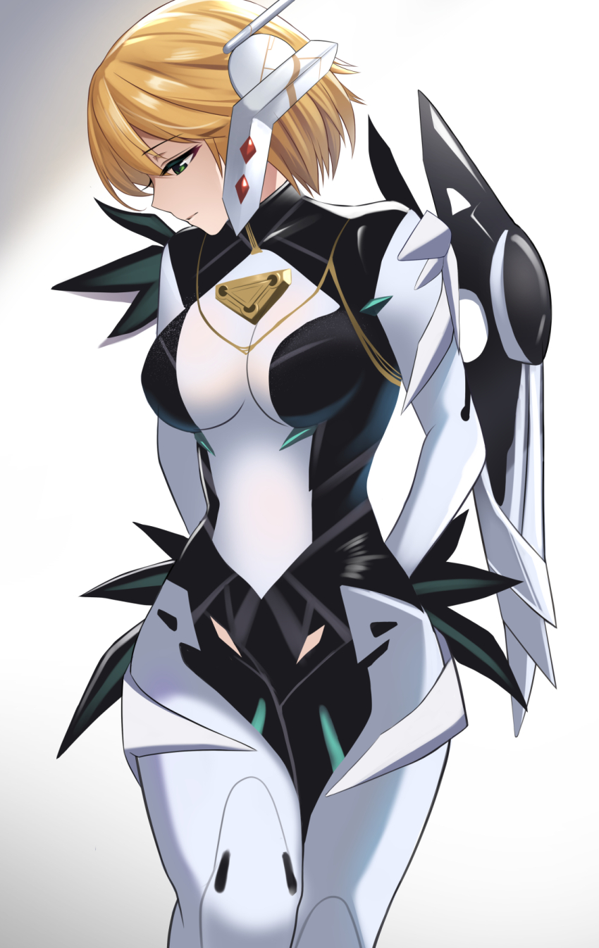 1girl arms_behind_back black_bodysuit blonde_hair bodysuit breasts closed_mouth commentary_request cyborg fiora_(xenoblade) highres large_breasts looking_down mecha-fiora namu_(112namu) sad solo two-tone_bodysuit white_bodysuit xenoblade_chronicles_(series) xenoblade_chronicles_1