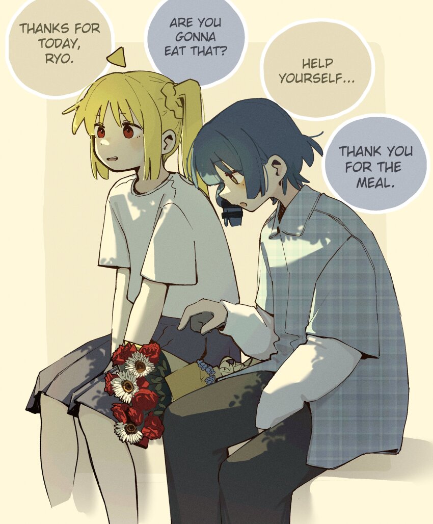 2girls absurdres ahoge black_pants blonde_hair blue_hair bocchi_the_rock! commentary detached_ahoge english_commentary english_text flower highres ijichi_nijika layered_sleeves long_sleeves machuuu68 mole mole_under_eye multiple_girls open_mouth pants pleated_skirt red_eyes shirt short_over_long_sleeves short_sleeves side_ponytail sitting skirt white_shirt yamada_ryo yellow_eyes yuri