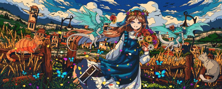 1girl artdroiiid_ii blonde_hair blue_eyes blue_veil bouquet cartethyia_(wuthering_waves) cat commentary dress english_commentary flower head_wreath highres holding holding_bouquet holding_suitcase ligne_claire long_hair looking_to_the_side outdoors parted_bangs parted_lips pointy_ears sidelocks smile solo suitcase tacet_discord_(wuthering_waves) tacet_mark_(wuthering_waves) veil white_dress wind wuthering_waves