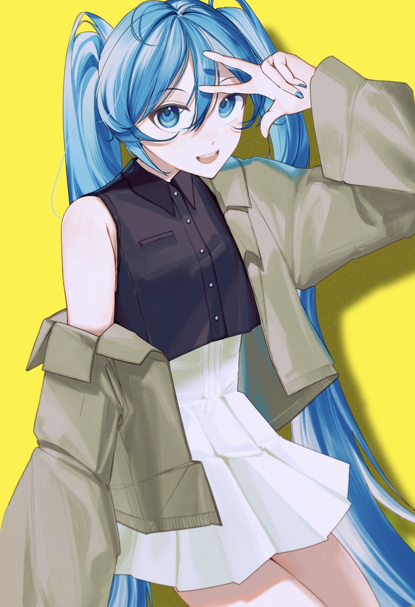1girl absurdres alternate_costume black_shirt blue_eyes blue_hair blue_nails collared_shirt cowboy_shot hair_between_eyes hand_up hatsune_miku high-waist_skirt highres jacket long_hair long_sleeves looking_at_viewer miniskirt nail_polish navel open_clothes open_jacket open_mouth pleated_skirt popomine_(popo3ne) shirt simple_background single_bare_shoulder single_off_shoulder skirt sleeveless sleeveless_shirt solo twintails very_long_hair vocaloid w w_over_eye white_skirt yellow_background