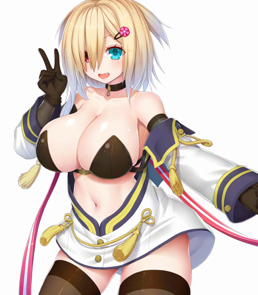 1girl asamura_hiori bikini black_bikini blonde_hair breasts character_request coat copyright_request fang gloves heterochromia highres large_breasts navel open_mouth short_hair skirt smile swimsuit v white_background