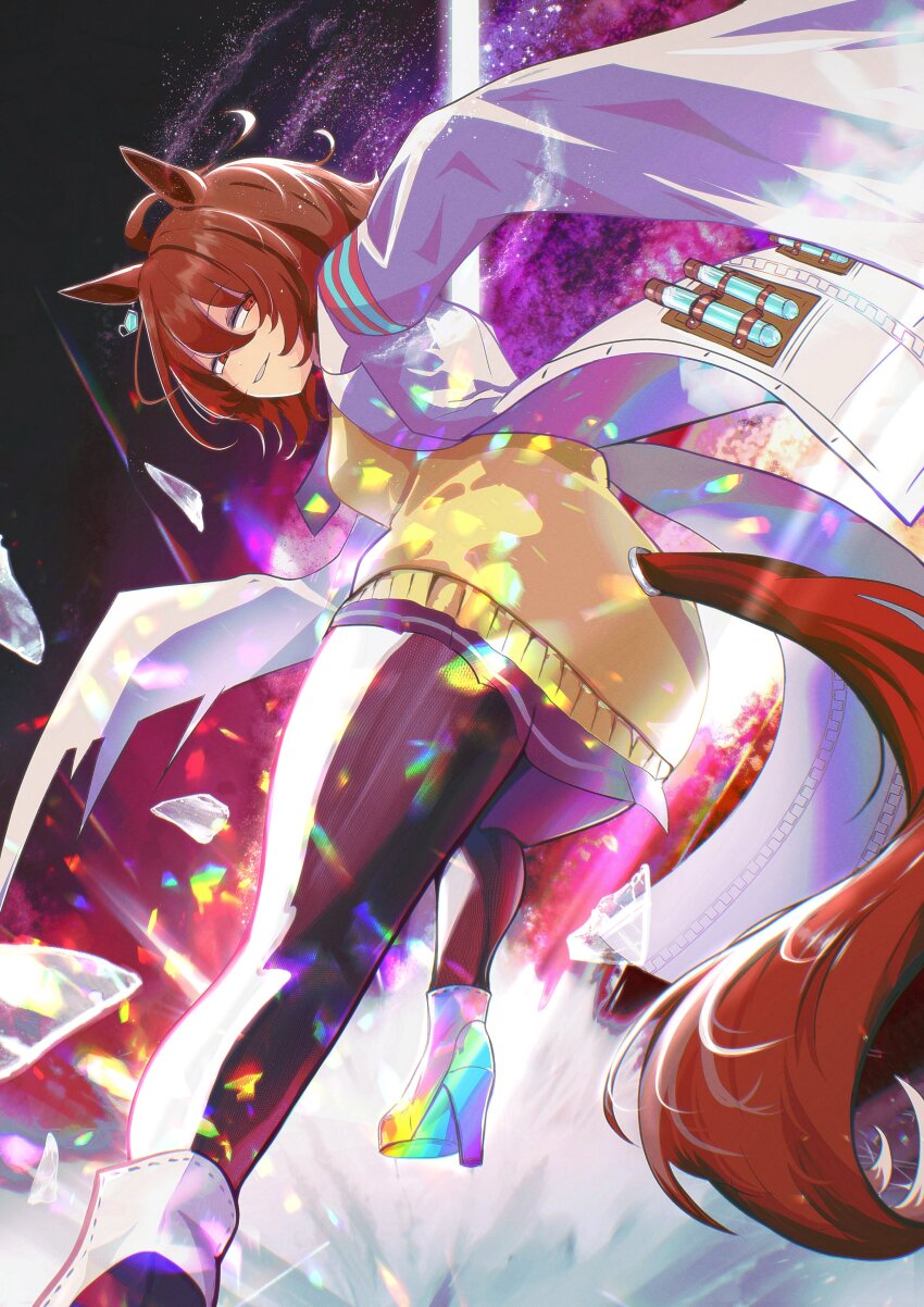 1girl abstract_background absurdres agnes_tachyon_(umamusume) ahoge animal_ears boots chemical_structure coat commentary_request ear_tag high_heel_boots high_heels highres himmel_gewalt horse_ears horse_girl horse_tail lab_coat medium_hair pantyhose partial_commentary red_eyes solo sweater tail test_tube umamusume very_long_sleeves white_boots white_coat yellow_sweater