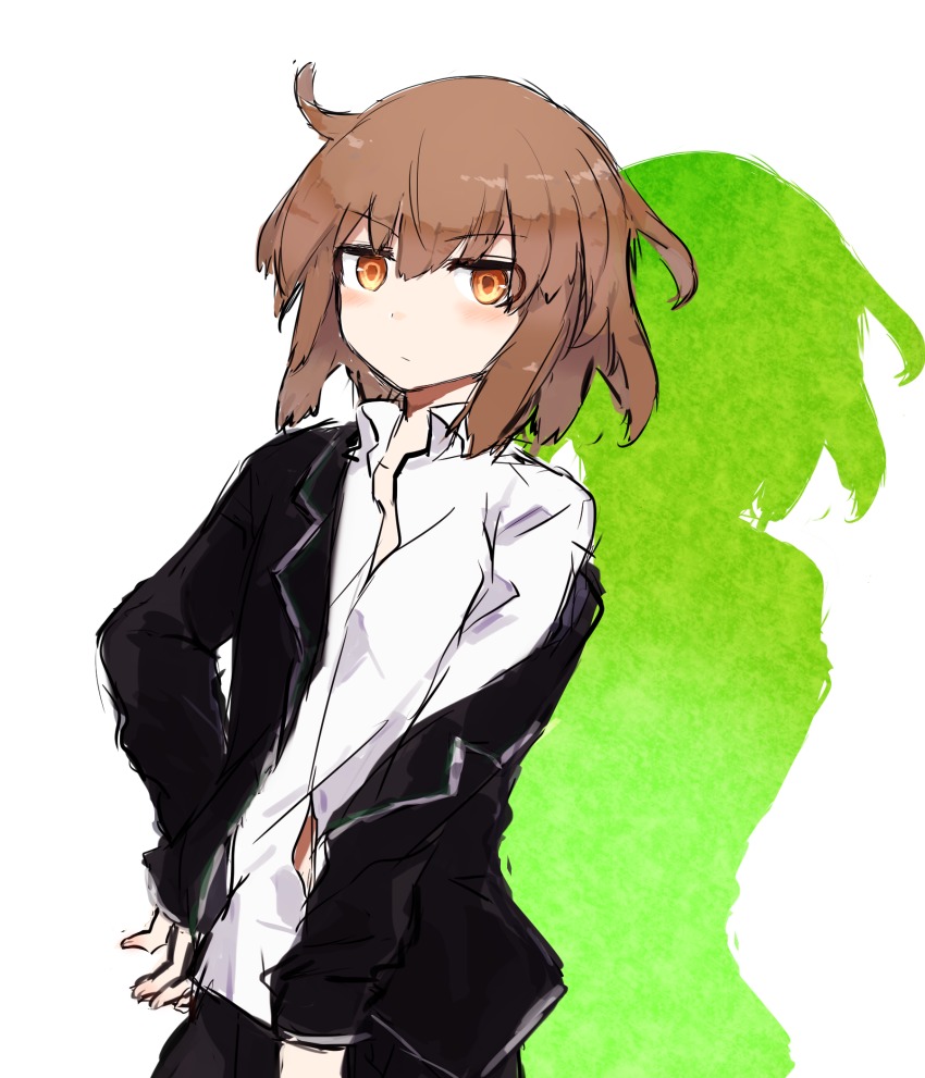 1girl agtt25333 blazer blush brown_eyes brown_hair closed_mouth collared_shirt cowboy_shot female_focus hand_on_own_hip highres jacket jitome kantai_collection off_shoulder shadow shirt short_hair simple_background solo wakaba_(kancolle) white_background white_shirt