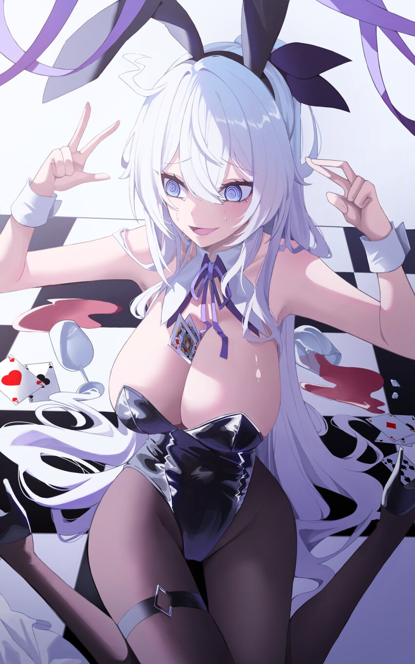 1girl @_@ absurdres ace_(playing_card) ace_of_clubs ace_of_hearts ahoge alternate_costume animal_ears bare_shoulders between_breasts black_footwear black_leotard black_pantyhose blue_eyes breasts broken_glass card checkered_floor cleavage club_(shape) commentary_request cup fake_animal_ears glass heart high_heels highres honkai_(series) honkai_impact_3rd hyume_26 kiana_kaslana king_(playing_card) king_of_diamonds large_breasts leotard long_hair open_mouth pantyhose playboy_bunny playing_card rabbit_ears sitting solo sweatdrop wariza white_hair wrist_cuffs
