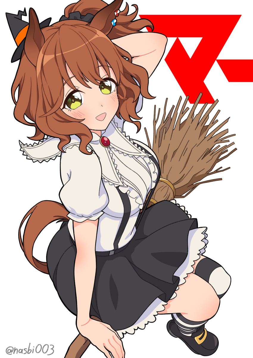 1girl animal_ears arm_up aston_machan_(umamusume) asymmetrical_legwear black_skirt blush breasts broom broom_riding brown_hair genzo_nasu green_eyes hair_between_eyes hair_ornament hair_scrunchie halloween halloween_costume hat highres horse_ears horse_girl horse_tail looking_at_viewer medium_breasts medium_hair open_mouth ponytail scrunchie shirt shoes short_sleeves skirt smile socks solo striped_clothes striped_socks tail tilted_headwear umamusume uneven_legwear white_shirt witch_hat