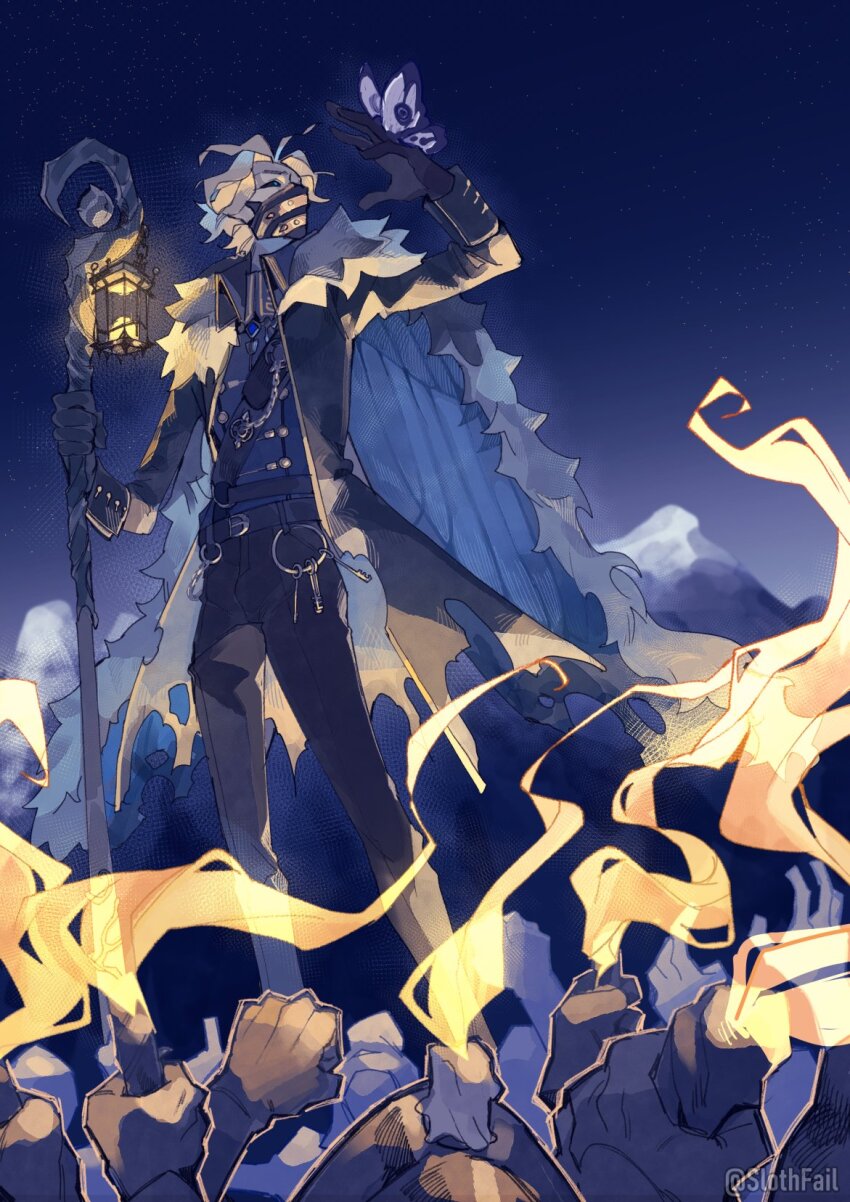 1boy alva_lorenz alva_lorenz_(warden) animal animal_on_hand arm_up artist_name belt belt_buckle black_belt black_coat black_gloves black_mask black_pants black_sclera blonde_hair blue_cape blue_eyes blue_jacket buckle bug butterfly butterfly_on_hand buttons cape coat collared_coat colored_sclera commentary crowd double-breasted english_commentary fire full_body fur-trimmed_cape fur_trim gloves highres holding holding_staff holding_torch identity_v insect jacket key keyring lantern long_sleeves looking_at_animal male_focus mask mountain mouth_mask night open_clothes open_coat outdoors pants short_hair sleeve_cuffs slothfail staff standing star_(sky) torch torn_cape torn_clothes twitter_username watermark