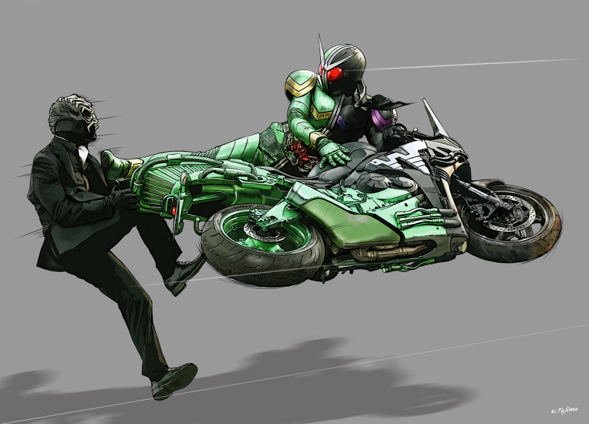2boys armor battle black_armor black_footwear black_mask black_pants black_suit commentary_request compound_eyes dias_(tajima_kouki) double_driver formal_clothes full_body green_armor grey_background highres kamen_rider kamen_rider_double kamen_rider_w kicking long_sleeves looking_at_another mask motor_vehicle motorcycle multiple_boys on_motorcycle pants partial_commentary red_eyes rider_belt shoulder_armor simple_background suit unused_tire v-fin