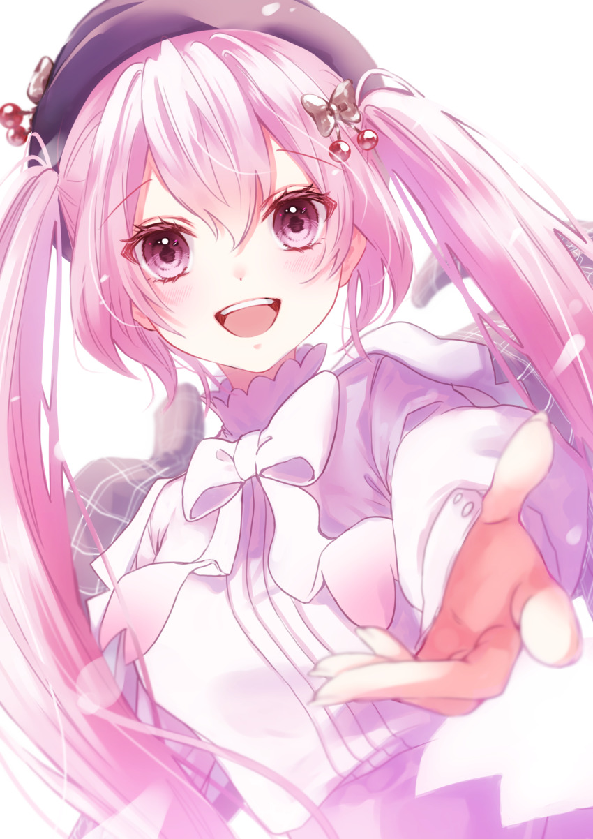 1girl beret black_hat blush bow charo_(g_20charo) cherry_hair_ornament food-themed_hair_ornament hair_between_eyes hair_ornament hat hatsune_miku highres jacket jacket_on_shoulders long_hair long_sleeves looking_at_viewer official_alternate_costume official_alternate_hairstyle open_mouth pink_eyes pink_hair pink_shirt plaid_clothes plaid_jacket reaching reaching_towards_viewer sakura_miku sakura_miku_(rella) shirt simple_background smile solo teeth twintails upper_body upper_teeth_only very_long_hair vocaloid white_background white_bow