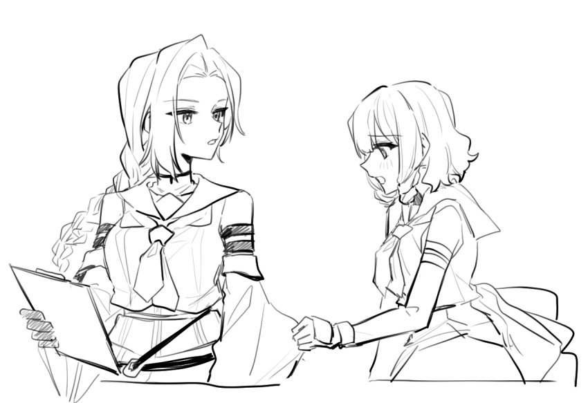 2girls arm_at_side assault_lily averting_eyes bare_shoulders belt black_choker blush braid braided_ponytail choker clipboard clothes_grab commentary_request crop_top cropped_torso danji_bang detached_sleeves drill_hair drill_sidelocks gloves greyscale hand_up holding holding_clipboard igusa_subaru imamura_yukari_(assault_lily) korean_commentary layered_sleeves long_hair long_sleeves looking_at_another looking_down looking_to_the_side low_ponytail monochrome multiple_girls neckerchief odaiba_girls_high_school_uniform open_mouth parted_bangs parted_lips ponytail profile sailor_collar school_uniform serafuku shirt short_hair sidelocks simple_background single_braid sleeve_grab sleeveless sleeveless_shirt undershirt upper_body white_background
