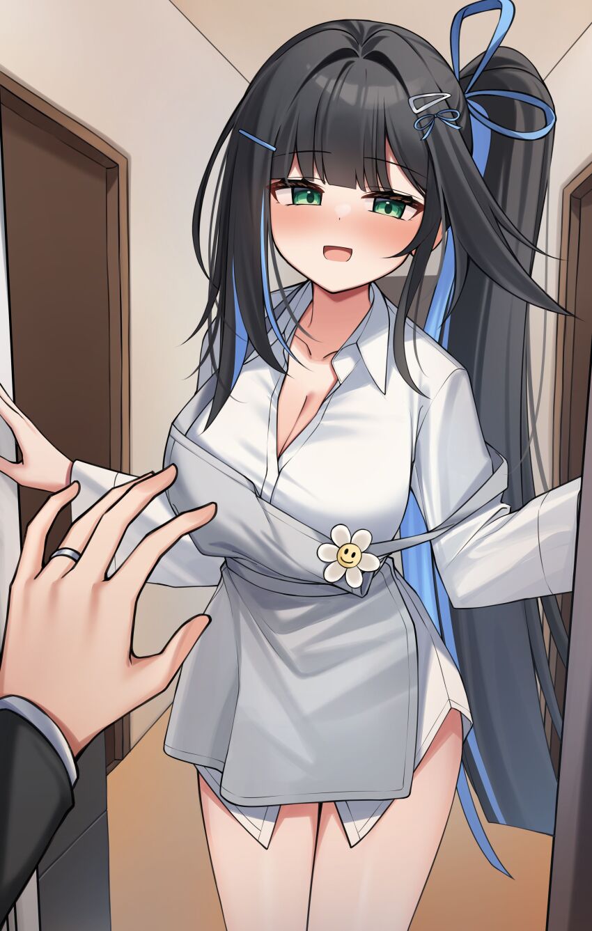 1girl 1other abigail_(black_survival) absurdres apron black_hair black_survival blue_hair breasts cleavage collarbone collared_shirt cowboy_shot eternal_return:_black_survival green_eyes grey_apron hair_ornament hair_ribbon hairclip highres indoors jewelry large_breasts long_hair long_sleeves looking_at_viewer multicolored_hair open_mouth pov pov_hands ribbon ring shirt side_ponytail smile solo_focus standing two-tone_hair very_long_hair wedding_ring white_shirt ziro_(zirorong)