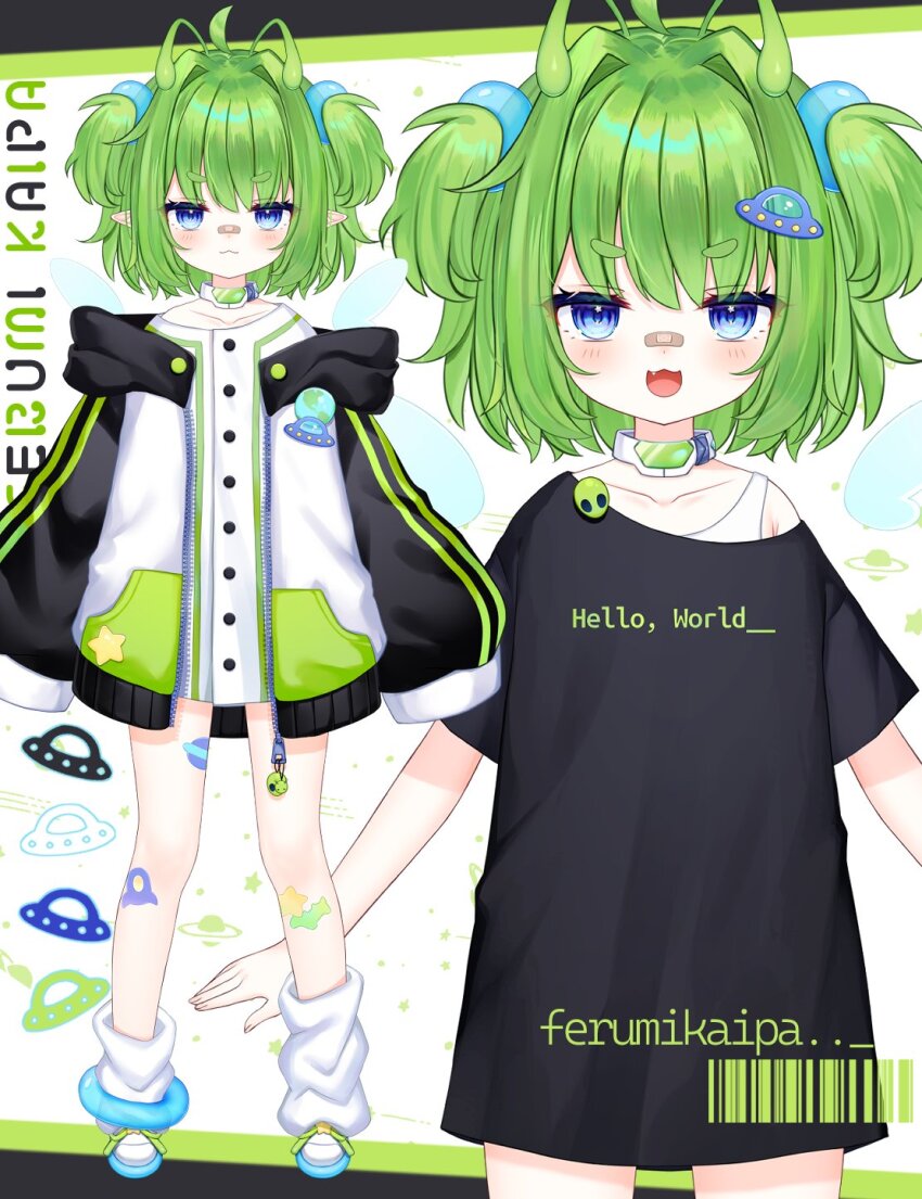 1girl ahoge alien antennae bandaid bandaid_on_face bandaid_on_nose black_shirt blue_eyes choker choppy_bangs fang ferumi_kaipa full_body green_hair highres hood hooded_jacket indie_virtual_youtuber jacket leg_warmers medium_hair official_art open_mouth pointy_ears shirt shoes short_twintails shouu-kun sneakers sports_bra standing star_(symbol) star_in_eye sticker_on_leg symbol_in_eye thick_thighs thighs twintails ufo ufo_hair_ornament virtual_youtuber white_choker white_leg_warmers white_shirt white_sports_bra