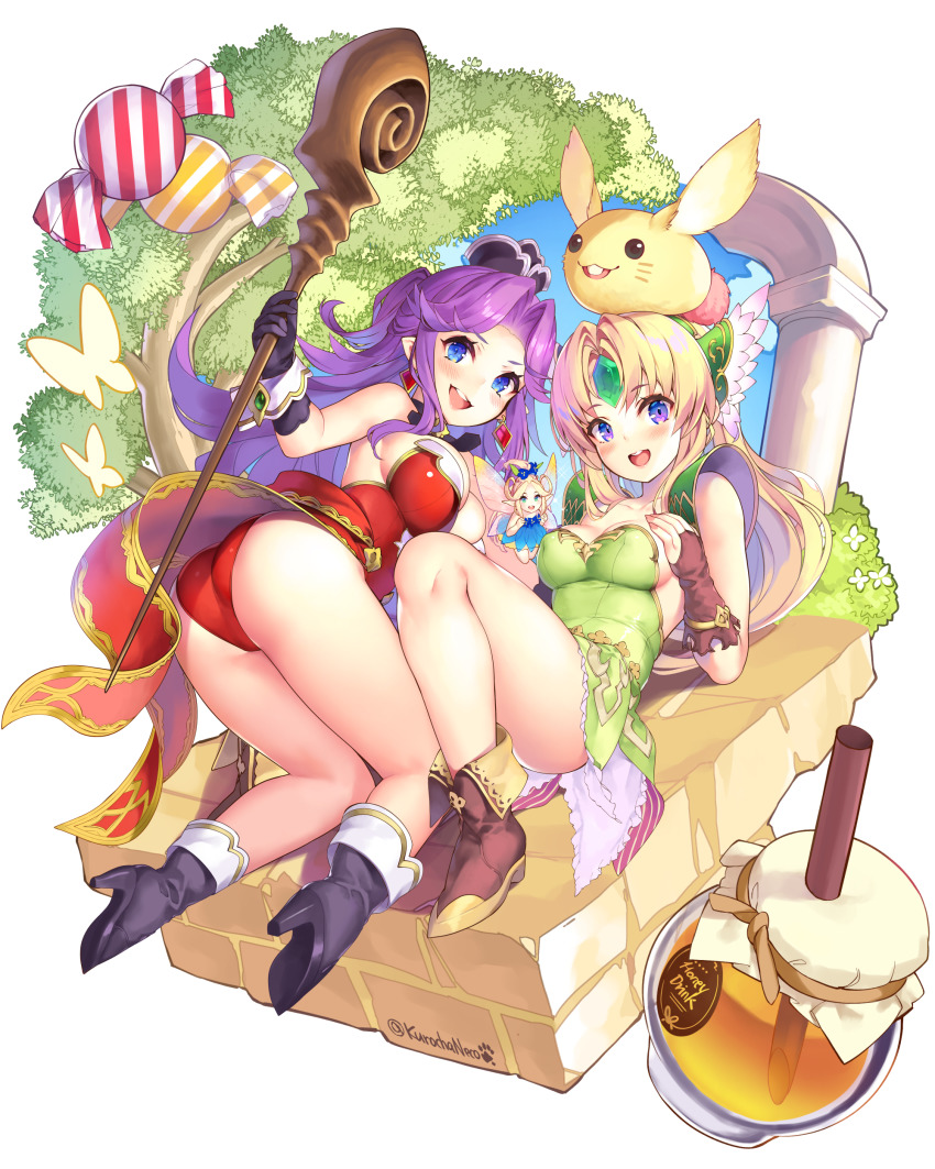 3girls :d absurdres all_fours angela_(seiken_densetsu_3) ankle_boots arm_guards armor ass bare_legs bare_shoulders black_footwear black_gloves blonde_hair blue_eyes boots breasts brown_footwear bug butterfly candy character_request cleavage creature creature_on_head faerie_(seiken_densetsu_3) fairy flying food forehead_jewel full_body gem gloves green_gemstone green_leotard hand_on_own_chest high_heel_boots high_heels highres holding holding_staff honey honeypot insect kneepits knees_up kuro_chairo_no_neko leotard long_hair looking_at_viewer looking_back lying medium_breasts mini_person minigirl multiple_girls on_back open_mouth parted_bangs pillar purple_eyes purple_hair rabite_(seiken_densetsu) red_leotard riesz seiken_densetsu seiken_densetsu_3 shoulder_armor smile staff tree twitter_username very_long_hair