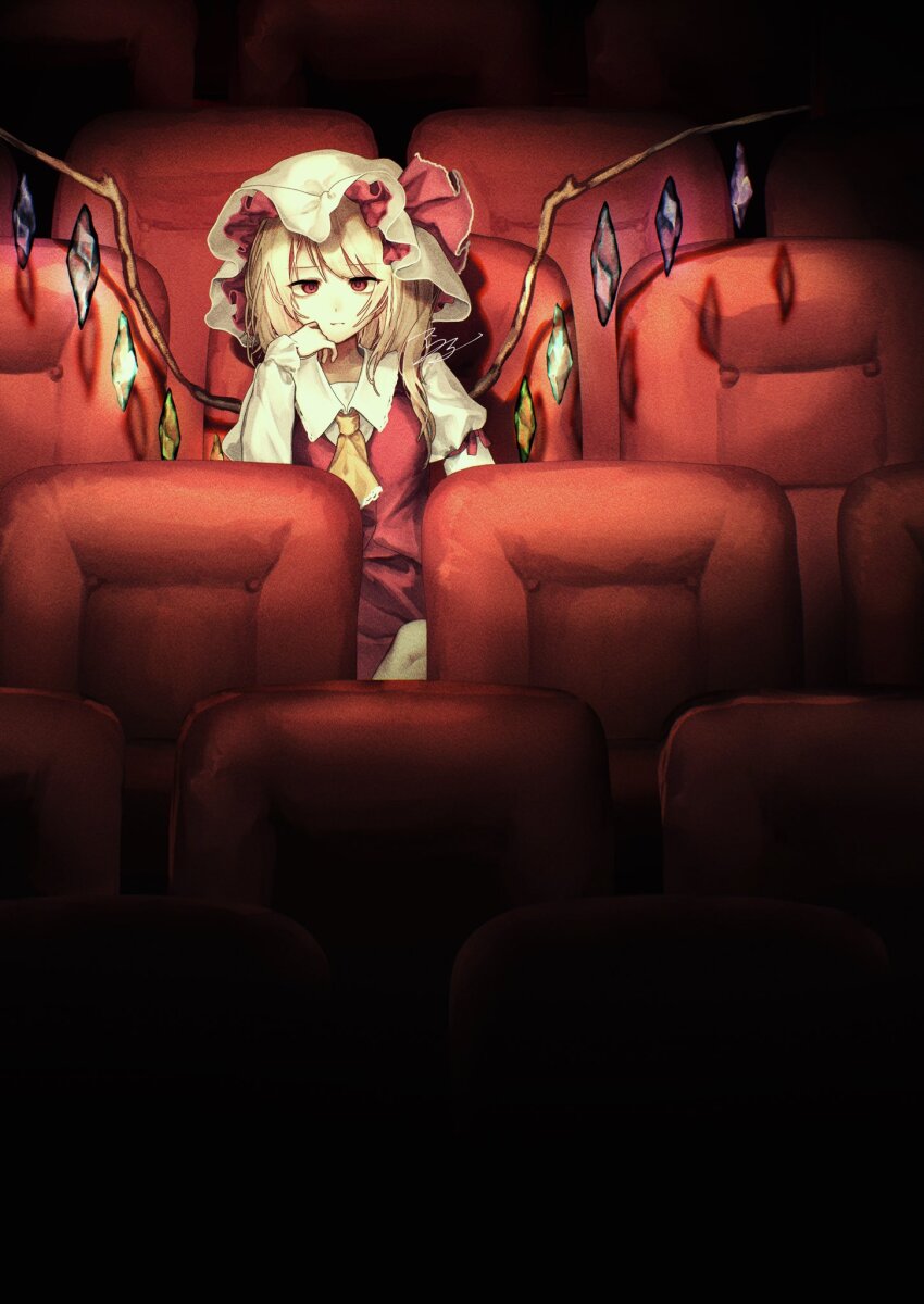 1girl :| ascot blonde_hair bored closed_mouth commentary crystal crystal_wings dark_foreground flandre_scarlet hand_up hat hat_ribbon highres long_hair long_sleeves looking_at_viewer mob_cap movie_theater puffy_sleeves red_eyes red_ribbon red_vest ribbon shadow side_ponytail signature sitting solo t_terano theater_seating touhou vest yellow_ascot