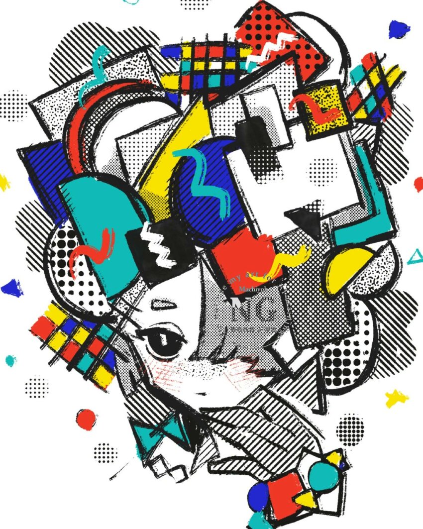 1girl abstract closed_mouth colorful gloves hair_over_one_eye halftone hand_up hatching_(texture) highres linear_hatching looking_at_viewer machigami_yoh one_eye_covered original portrait shapes short_hair solo watermark white_background