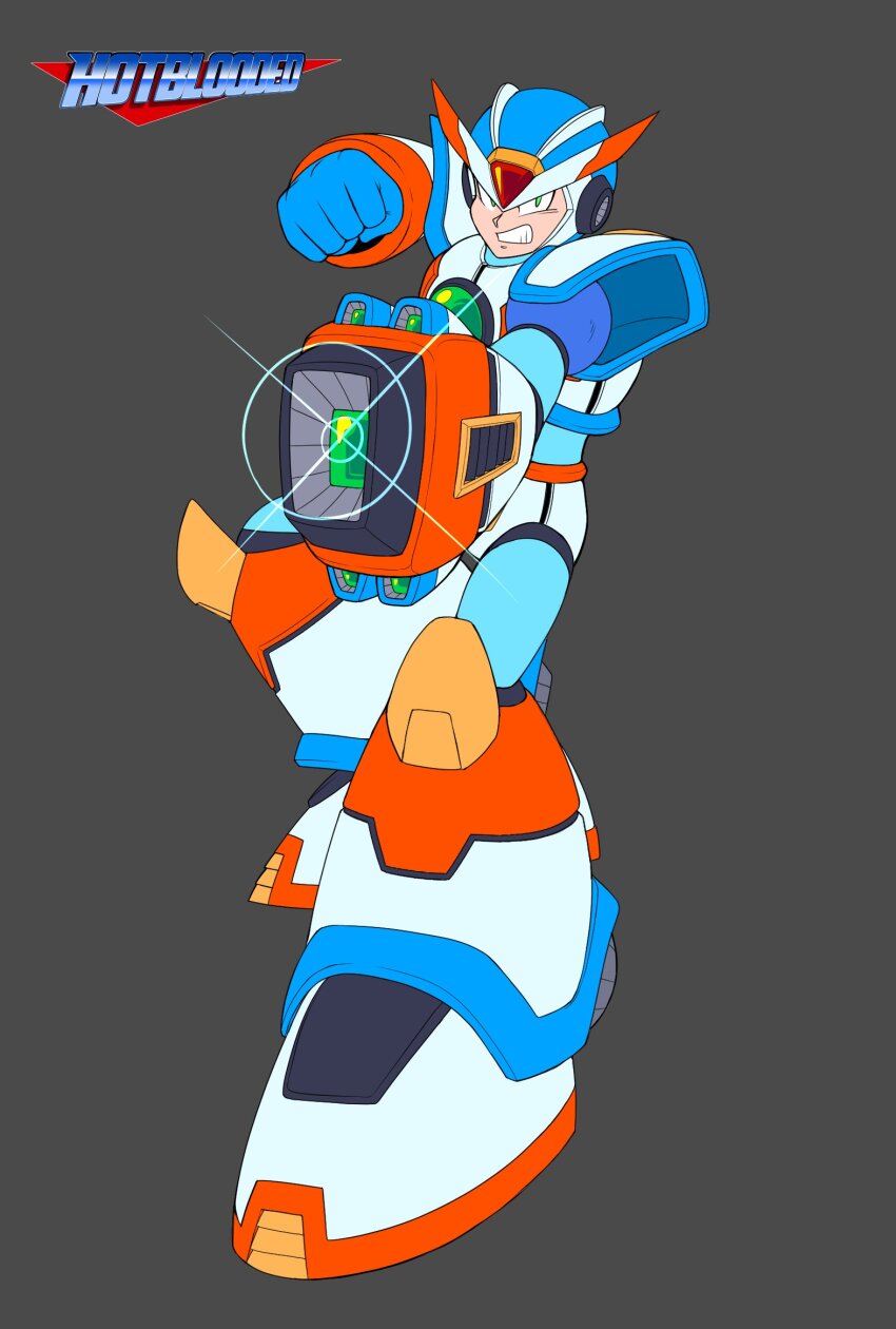 1boy android arm_cannon armor artist_logo blue_gloves blue_helmet chest_jewel clenched_hand clenched_teeth closed_mouth forehead_jewel full_body gloves glowing glowing_weapon green_eyes grey_background helmet highres hotbloodedmecha logo looking_at_viewer mega_man_(series) mega_man_x_(series) powering_up robot robot_ears shoulder_armor simple_background solo standing teeth third_armor_x_(mega_man) weapon white_armor x_(mega_man)