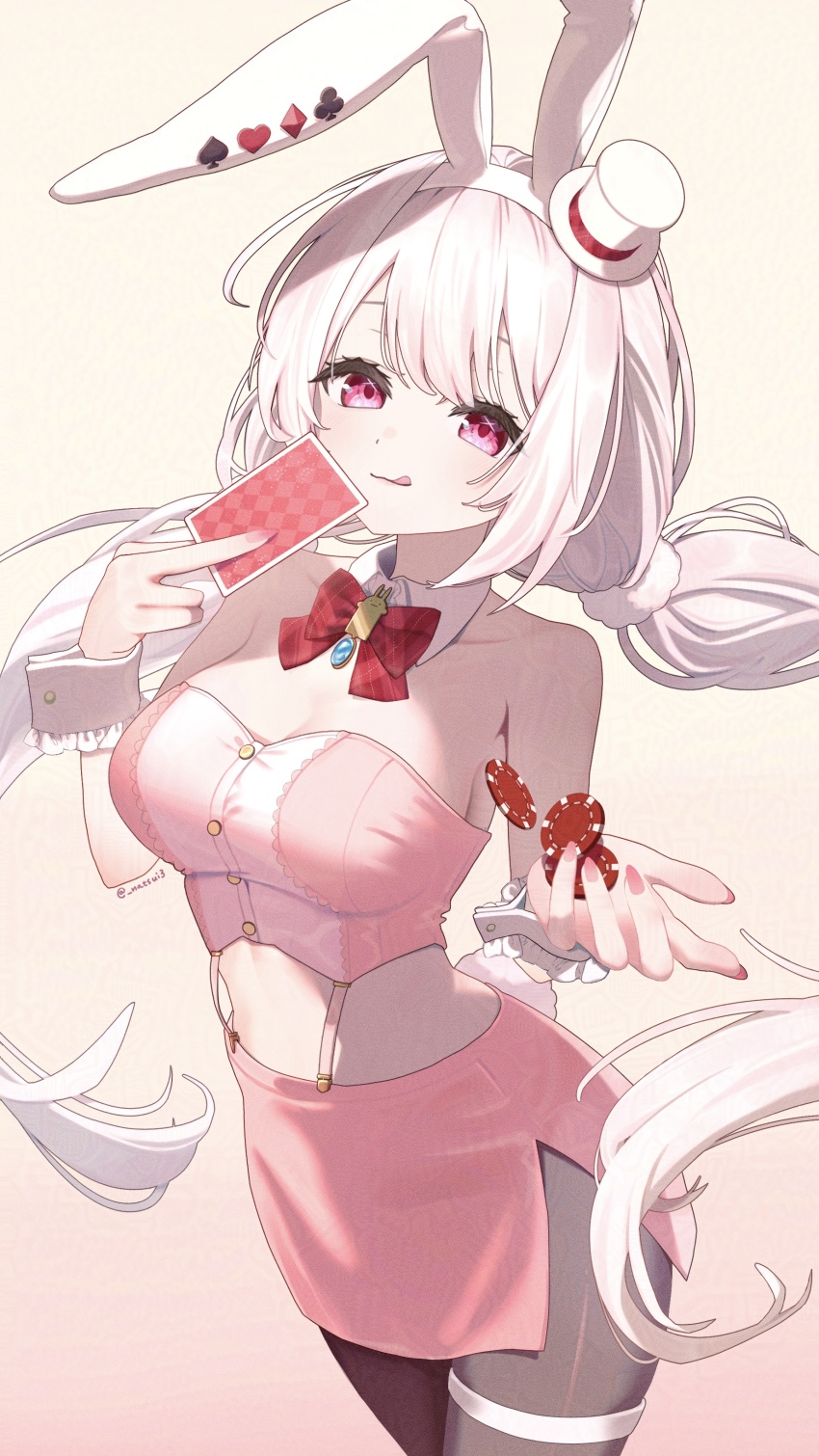 1girl absurdres animal_ears bare_shoulders black_pantyhose blue_gemstone blush bow bowtie breasts card closed_mouth club_(shape) collarbone detached_collar diamond_(shape) fingernails gem hair_ornament hair_scrunchie hairband hat heart highres holding holding_card holding_poker_chip large_breasts long_hair looking_at_viewer mini_hat nail_polish natsui3 nijisanji pantyhose pink_background pink_eyes pink_hair pink_nails pink_skirt pink_vest plaid_bow plaid_bowtie plaid_clothes poker_chip rabbit_ears rabbit_tail red_bow red_bowtie scrunchie shiina_yuika shiina_yuika_(12th_costume) side_slit skirt smile solo spade_(shape) tail thigh_strap thighs tongue tongue_out twintails twitter_username vest virtual_youtuber white_hairband white_hat white_scrunchie white_wrist_cuffs wrist_cuffs