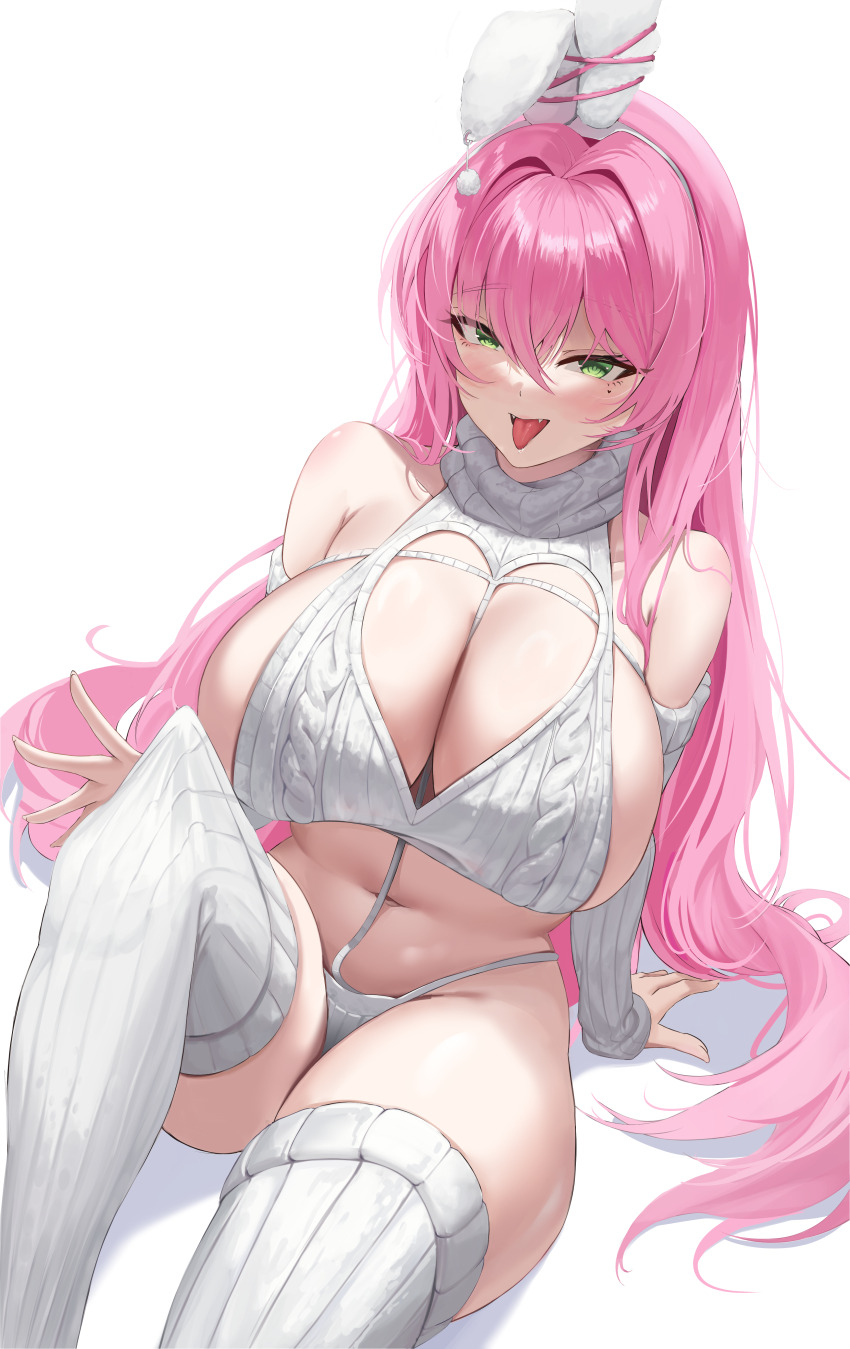 1girl absurdres alternate_costume animal_ears aran_sweater armpit_crease bare_shoulders between_breasts breasts cable_knit cleavage cleavage_cutout clothes_between_breasts clothing_cutout commentary cowboy_shot crop_top cropped_sweater detached_sleeves facial_mark fake_animal_ears fangs fingernails goddess_of_victory:_nikke green_eyes hair_between_eyes hair_intakes hairband hand_up heart heart_cutout heart_facial_mark highres knee_up large_breasts light_blush long_bangs long_hair long_sleeves looking_at_viewer navel open_mouth panties pink_hair pom_pom_(clothes) pulling_own_clothes rabbit_ears raised_eyebrows ribbed_panties ribbed_sleeves ribbed_thighhighs saliva sami_(ami12702752) shadow sideboob sideless_outfit simple_background sitting sleeveless sleeveless_turtleneck smile solo stomach string_panties sweater thighhighs thighhighs_pull thighs tongue tongue_out turtleneck turtleneck_sweater underwear velvet_(nikke) very_long_hair white_background white_hairband white_panties white_sweater white_thighhighs