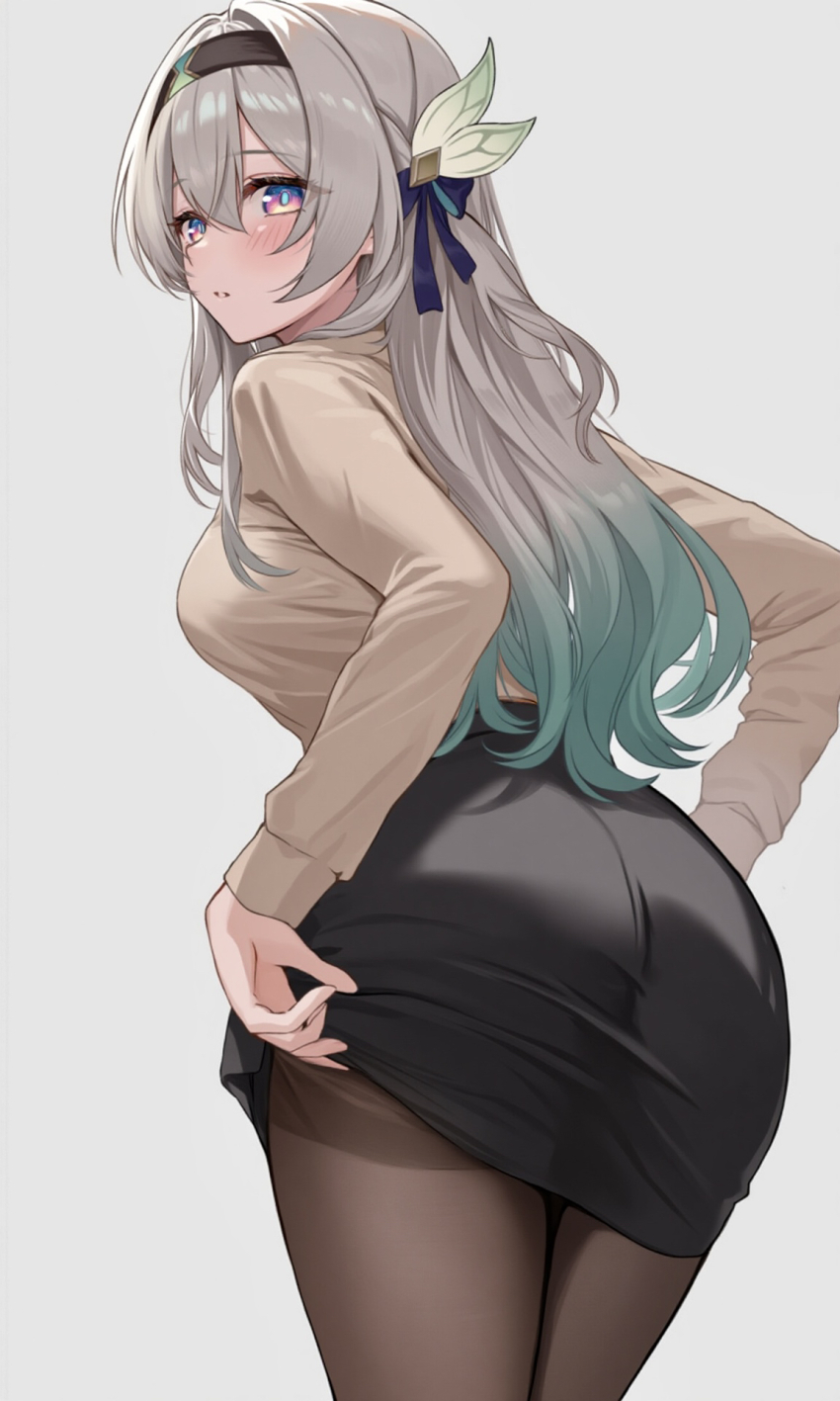 1girl blush breasts female_focus firefly_(honkai:_star_rail) from_behind grey_background grey_hair hair_between_eyes hair_ornament hairband honkai:_star_rail honkai_(series) lifting_own_clothes light_blush long_hair long_sleeves looking_back medium_breasts multicolored_hair pantyhose ribbon simple_background skirt solo standing tagme thighs two-tone_hair yukino110802