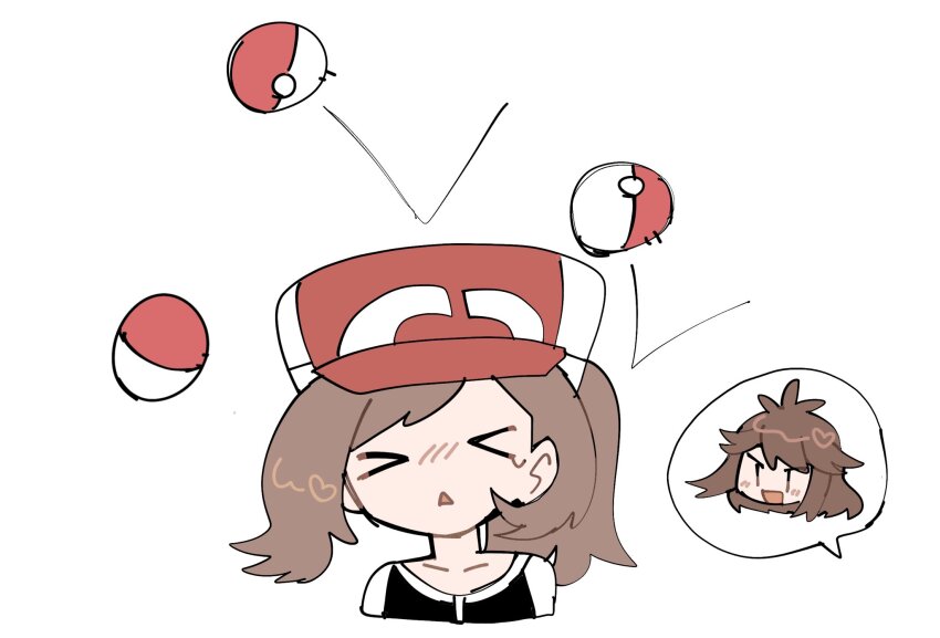 &gt;o&lt; 2girls :d brown_hair closed_eyes creatures_(company) elaine_auclair facing_viewer game_freak green_(pokemon) han0579 hat highres multiple_girls nintendo open_mouth poke_ball poke_ball_(basic) pokemon pokemon_lgpe ponytail red_hat smile spoken_character upper_body white_background