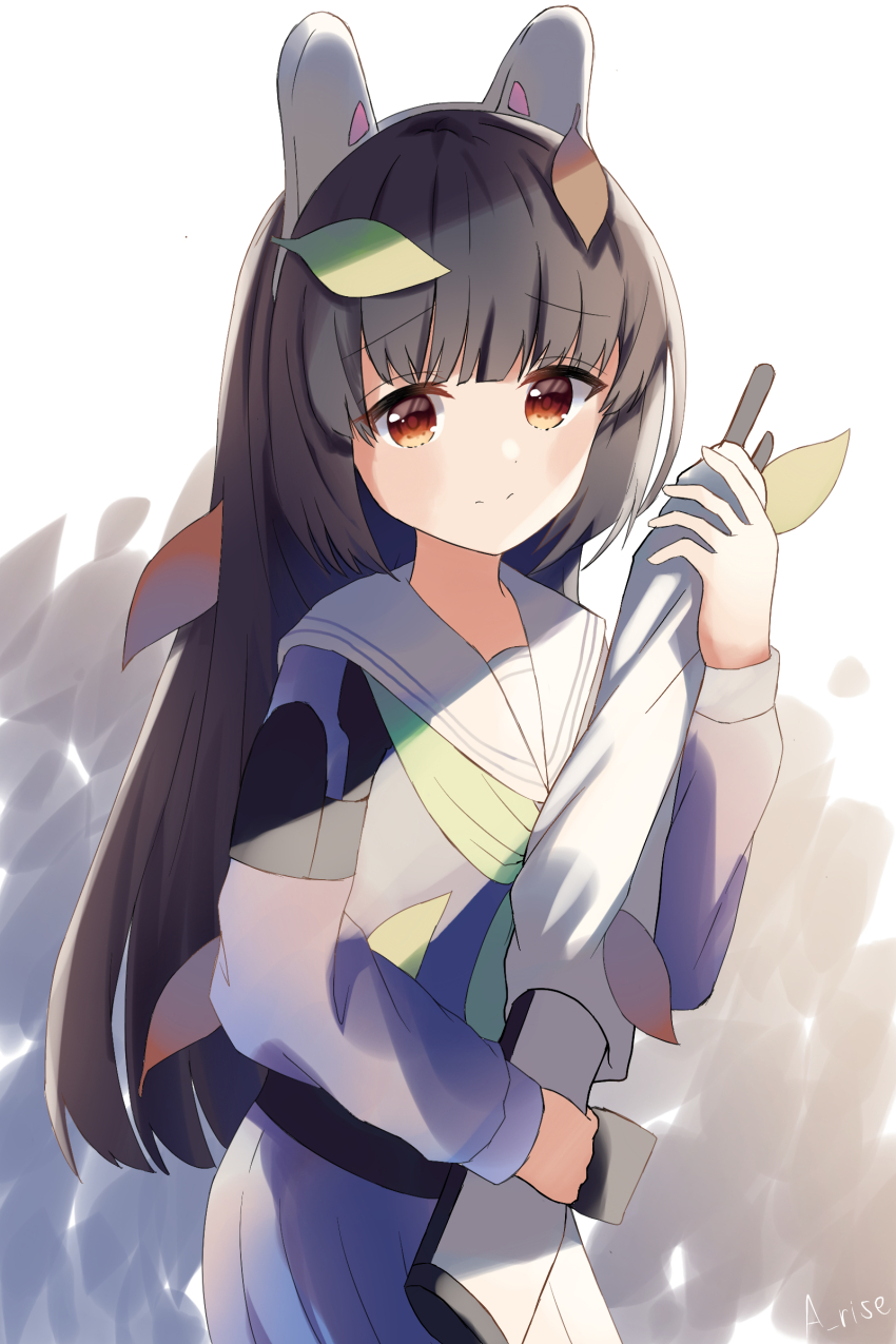 a_rise absurdres animal_ears black_hair blue_archive fake_animal_ears green_necktie gun highres leaf leaf_on_head long_hair miyu_(blue_archive) necktie rabbit_ears red_eyes rifle sailor_collar school_uniform skirt smile solo weapon white_background white_skirt