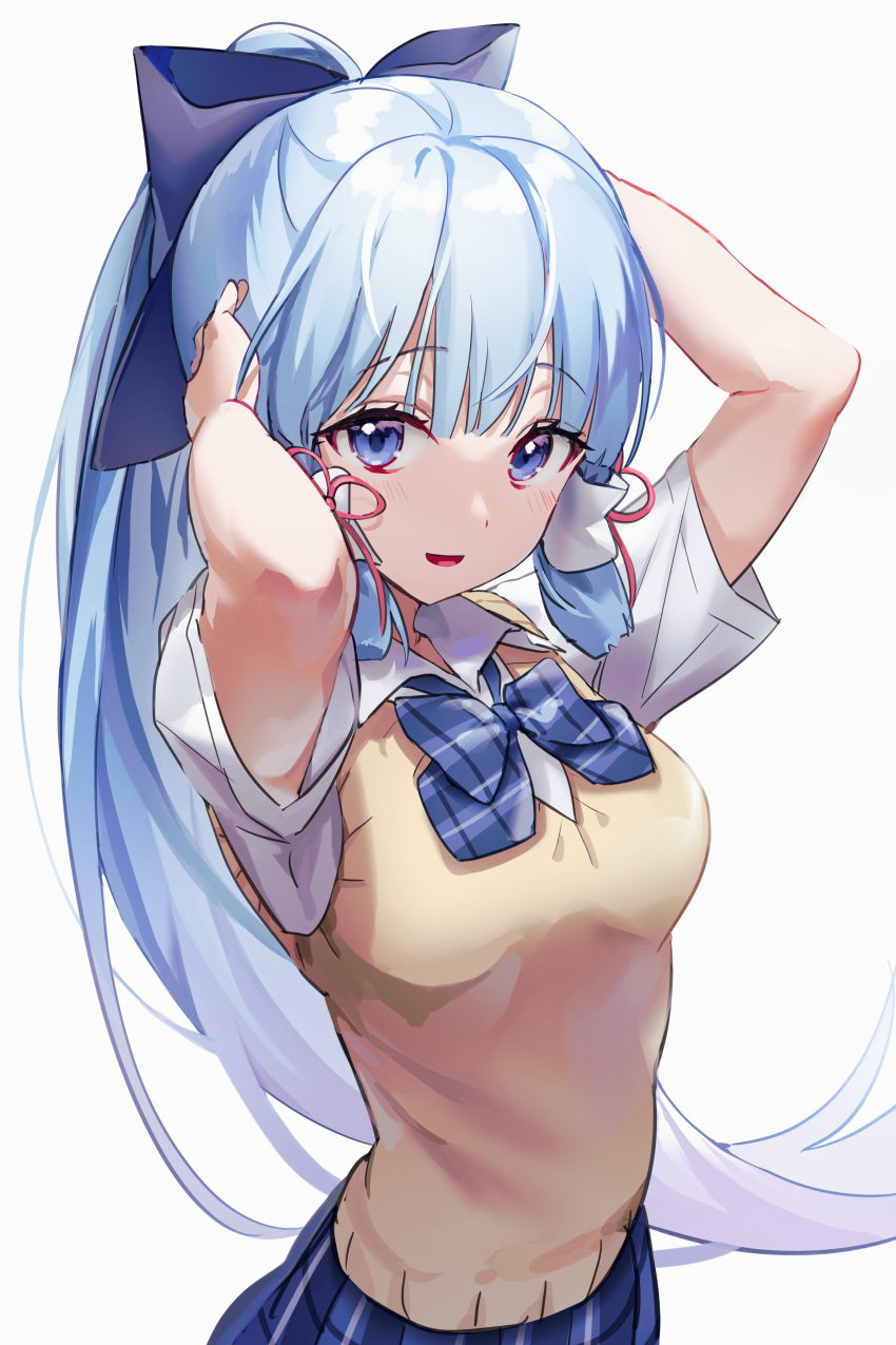 1girl :d absurdres arms_up ayaka_(genshin_impact) blue_bow blue_eyes blue_hair blue_skirt blunt_bangs blush bow bowtie breasts cowboy_shot from_above genshin_impact hair_bow hair_ribbon hair_tubes hands_on_own_head highres light_blue_hair long_hair looking_at_viewer medium_breasts nagul open_mouth plaid_bow plaid_bowtie plaid_clothes plaid_skirt ponytail ribbon school_uniform shirt short_sleeves simple_background skirt smile solo sweater_vest tress_ribbon very_long_hair white_background white_shirt wing_collar yellow_sweater_vest