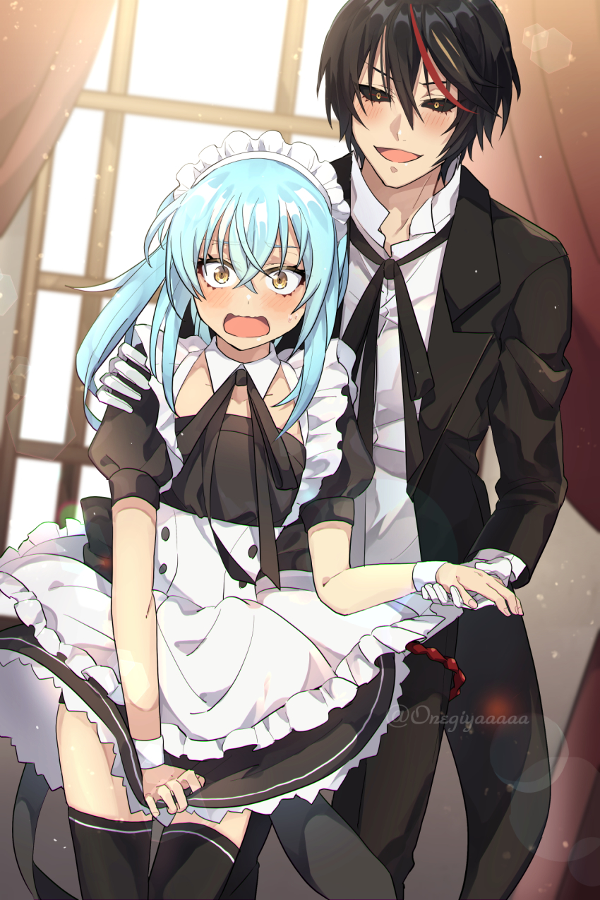 1boy 1girl :d alternate_costume apron black_hair black_jacket black_pants black_ribbon black_sclera black_shirt black_skirt black_thighhighs blue_hair blush collarbone colored_sclera covering_crotch covering_privates detached_collar diablo_(tensura) dress_shirt embarrassed enmaided gloves highres holding_hands indoors jacket lens_flare long_hair long_sleeves maid maid_headdress multicolored_hair neck_ribbon open_clothes open_jacket open_mouth ou_negi pants ribbon rimuru_tempest shirt short_hair short_sleeves shoulder_grab skirt skirt_tug smile standing streaked_hair tensei_shitara_slime_datta_ken thighhighs twitter_username white_apron white_gloves white_shirt wrist_cuffs yellow_eyes zettai_ryouiki
