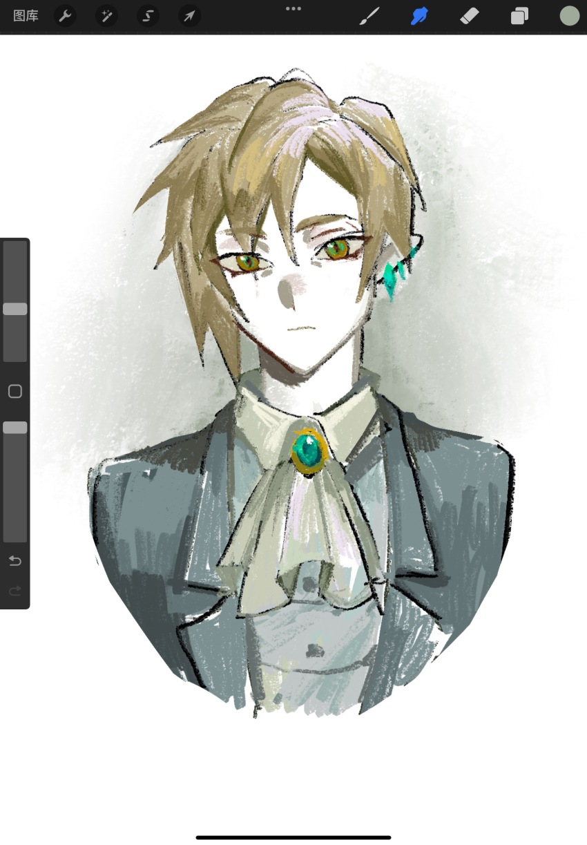 1boy art_program_in_frame ascot beiquqian blonde_hair brooch character_request closed_mouth collared_shirt copyright_request cropped_shoulders earrings gem green_eyes green_gemstone grey_ascot grey_jacket grey_vest highres jacket jewelry lapels looking_at_viewer male_focus notched_lapels open_clothes open_jacket pale_skin pointy_ears procreate_(medium) procreate_(software) shirt short_hair solo vest white_shirt
