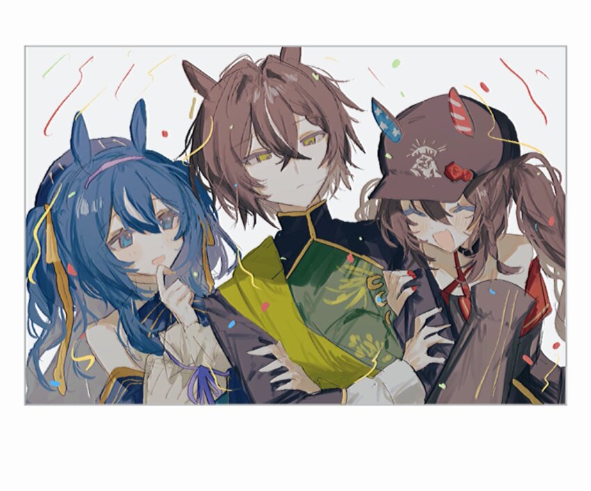 3girls animal_ears blue_hair blush brown_hair character_request closed_eyes closed_mouth crossed_arms hair_between_eyes hair_ornament hat highres horse_ears horse_girl liberty_island_(racehorse) long_hair multiple_girls open_mouth original personification pi_(zcvj3588) twintails white_background