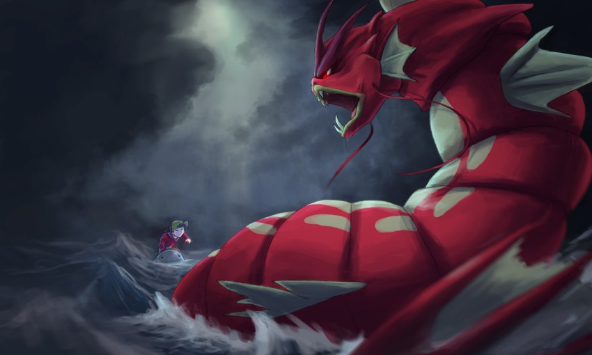 1boy alternate_color backwards_hat baseball_cap black_hair cloud ethan_(pokemon) fangs foxeaf gen_1_pokemon gen_2_pokemon gyarados hat holding holding_poke_ball long_sleeves male_focus night nintendo poke_ball poke_ball_(basic) pokemon pokemon_(creature) pokemon_gsc quagsire red_eyes shiny_pokemon swimming water
