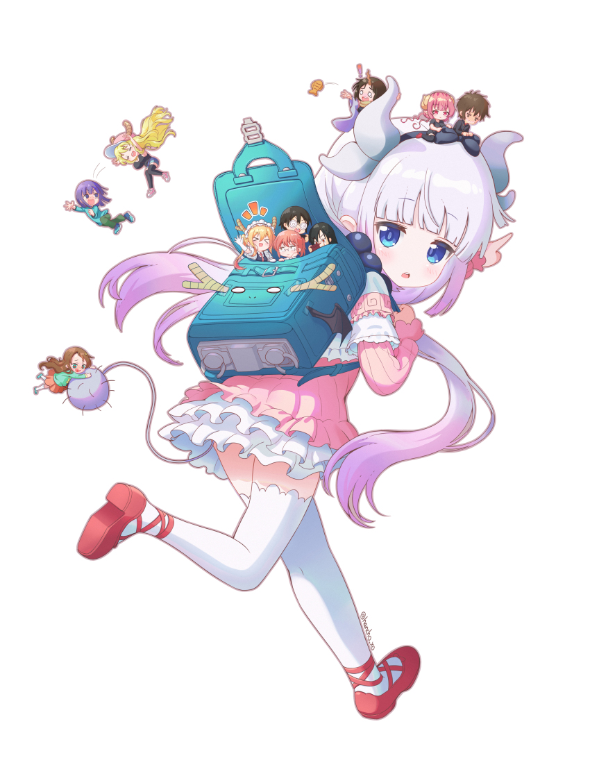 :d :o absurdres aida_taketo apron backpack bag beads black_bow black_hairband black_shirt blue_bag blue_eyes blush bow bow_hairband breasts buttons carrying carrying_multiple_people carrying_person child chinese_zodiac closed_mouth commentary_request controller demon demon_girl dragon dragon_girl dragon_horns dragon_tail dress elbow_gloves elma_(maidragon) fafnir_(maidragon) fang food frilled_dress frills full_body game_controller glasses gloves gradient_hair green_eyes green_hair hair_beads hair_between_eyes hair_bow hair_ornament hairband hancho highres holding holding_controller holding_game_controller horns ilulu_(maidragon) kanna_kamui kobayashi-san_chi_no_maidragon kobayashi_(maidragon) large_breasts light_smile long_hair long_sleeves looking_at_viewer looking_back looking_down magatsuchi_shouta maid maid_apron maid_headdress multicolored_hair multiple_boys multiple_girls multiple_views new_year open_mouth pink_dress pink_eyes pointing pointy_ears puffy_long_sleeves puffy_sleeves purple_hair randoseru red_eyes red_footwear revision running saikawa_riko shirt shoes short_hair short_sleeves shorts shouting simple_background skirt sleeveless sleeveless_shirt smile socks tail taiyaki takiya_makoto thighhighs tohru_(maidragon) twintails very_long_hair very_short_hair wagashi white_background white_footwear white_headwear white_shirt white_thighhighs