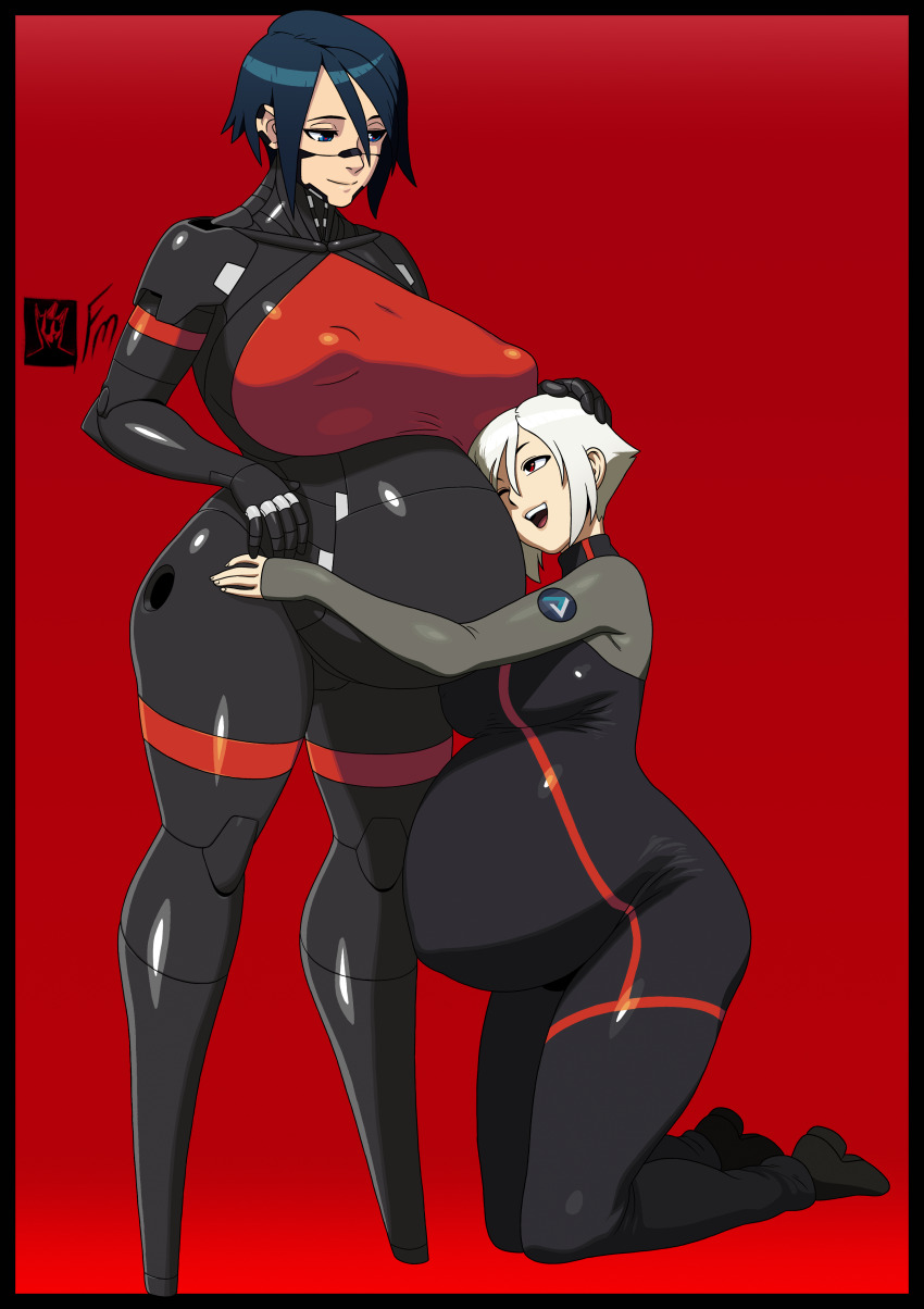 2girls absurdres ariane_yeong big_belly blue_eyes blue_hair breasts covered_erect_nipples elster_(signalis) fungus-man hand_on_another&#039;s_head happy highres large_breasts multiple_girls pregnant red_eyes robot_girl self-upload signalis white_hair yuri