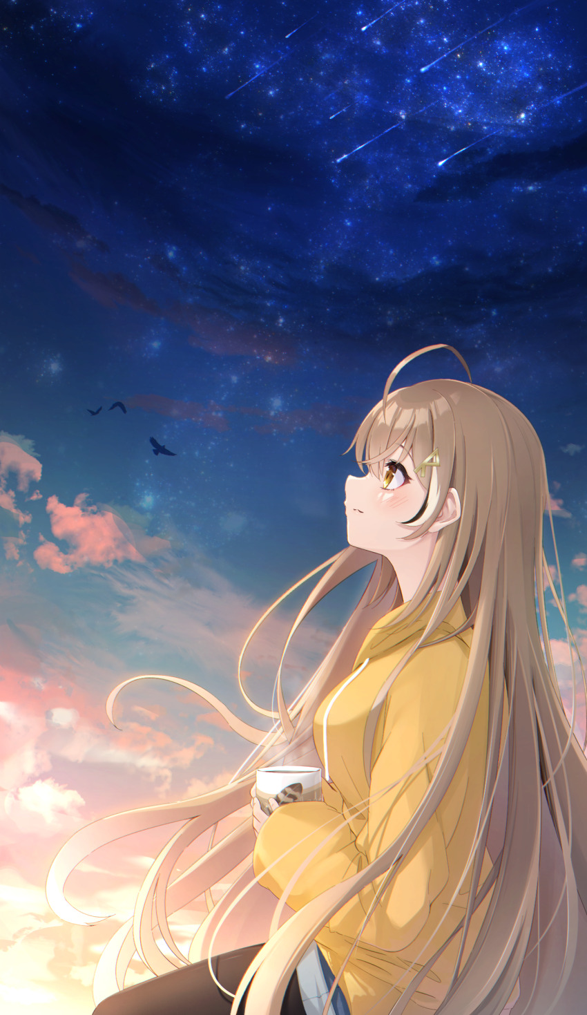 1girl ahoge alternate_costume bird brown_eyes brown_hair cloud cloudy_sky coffee coffee_mug commentary cup denim denim_shorts hair_down hair_ornament hairclip highres hololive hololive_english hood hoodie hot_kakigoori long_hair looking_up mug multicolored_hair nanashi_mumei night night_sky pantyhose shooting_star shorts sky solo star_(sky) starry_sky streaked_hair very_long_hair virtual_youtuber yellow_hoodie