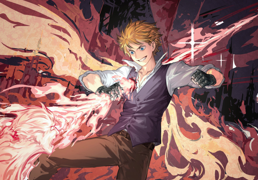 1boy belt belt_buckle blonde_hair blood blood_spray blue_eyes brown_belt brown_pants buckle buttons castle chinese_commentary circle_of_inevitability clenched_hand collarbone collared_shirt commentary_request cowboy_shot crazy fantasypenguin fire flaming_arrow grin highres impaled long_sleeves looking_at_object lord_of_the_mysteries lumian_lee male_focus outdoors pants purple_vest red_sky shirt short_hair sky three-quarter_sleeves smile solo sparkle v-shaped_eyebrows vest white_shirt