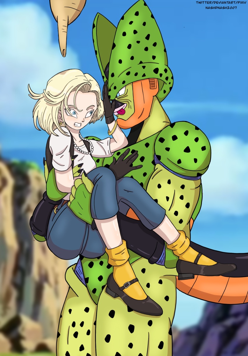 1boy 1girl android_18 bangle black_gloves blonde_hair blue_eyes bracelet carrying cell_(dragon_ball) clenched_teeth denim dragon_ball earrings gloves highres jeans jewelry mary_janes nashdnash2007 necklace orange_socks pants pearl_necklace princess_carry semi-perfect_cell shoes size_difference socks tail teeth tongue tongue_out