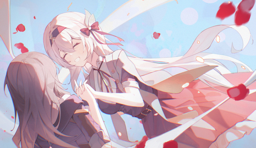 2girls belt black_belt black_hairband black_jacket firefly_(honkai:_star_rail) firefly_(jepella_rebellion)_(honkai:_star_rail) gleam_lin_shi grey_hair hair_between_eyes hair_ornament hairband highres honkai:_star_rail honkai_(series) jacket long_hair multiple_girls official_alternate_costume petals red_petals ribbon shirt skirt stellaron_hunters_(honkai:_star_rail) stelle_(honkai:_star_rail) trailblazer_(honkai:_star_rail) white_shirt